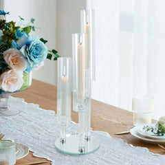 3-Arm Round Crystal Glass Candelabra Clear Taper Design - Sophisticated Pillar Candle Holder Table Centerpiece for Weddings 23"