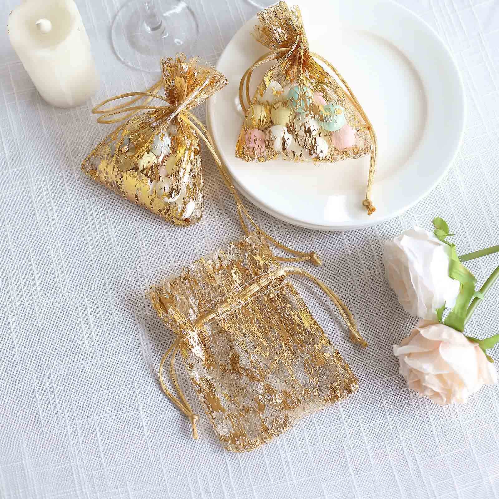 12 Pack Metallic Gold Foil Polyester Drawstring Candy Bags, Wedding Party Favor Bags - 4"x5"