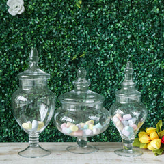 Set of 3 Glass Candy Jars Pedestal Apothecary Design Clear with Snap-On Lids - Stylish Party Favor Containers 10"/12"/14"