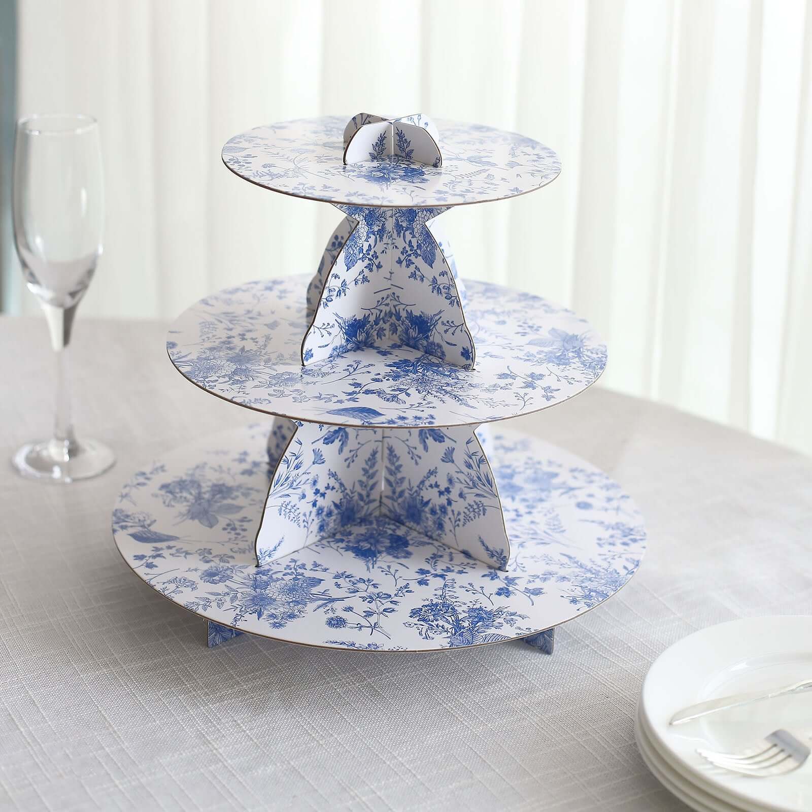 3-Tier Cardboard Cupcake Stand White with Blue French Toile Pattern - Reusable Dessert Display Stand Round Serving Platter for High-Tea Gatherings Weddings & Spring Celebrations 11"