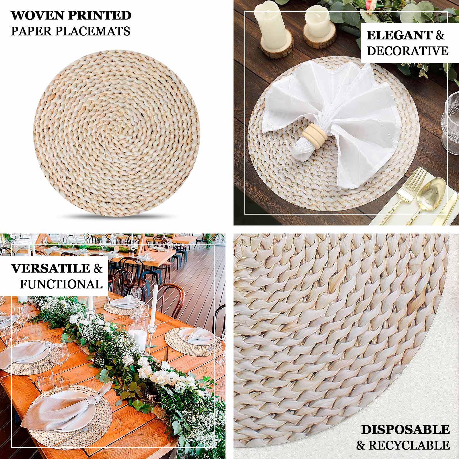6-Pack Disposable Table Placemats in Wheat with Woven Rattan Print - 700GSM Cardboard Placemats for Rustic Themes & Outdoor Events 13"