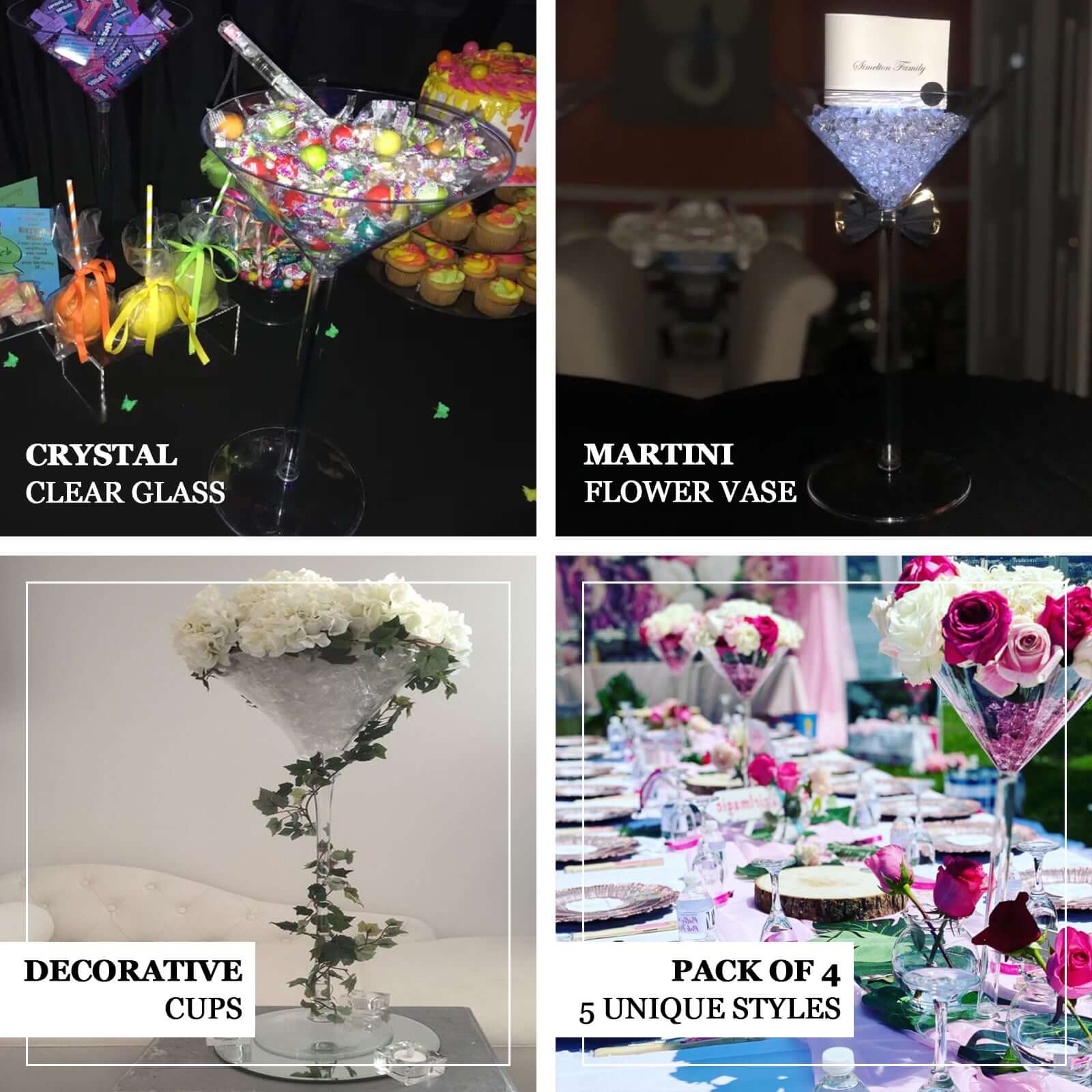 4-Pack Plastic Flower Vases Cylinder Wine Cup Design Clear - Fillable Long Stem Floral Centerpieces 18"