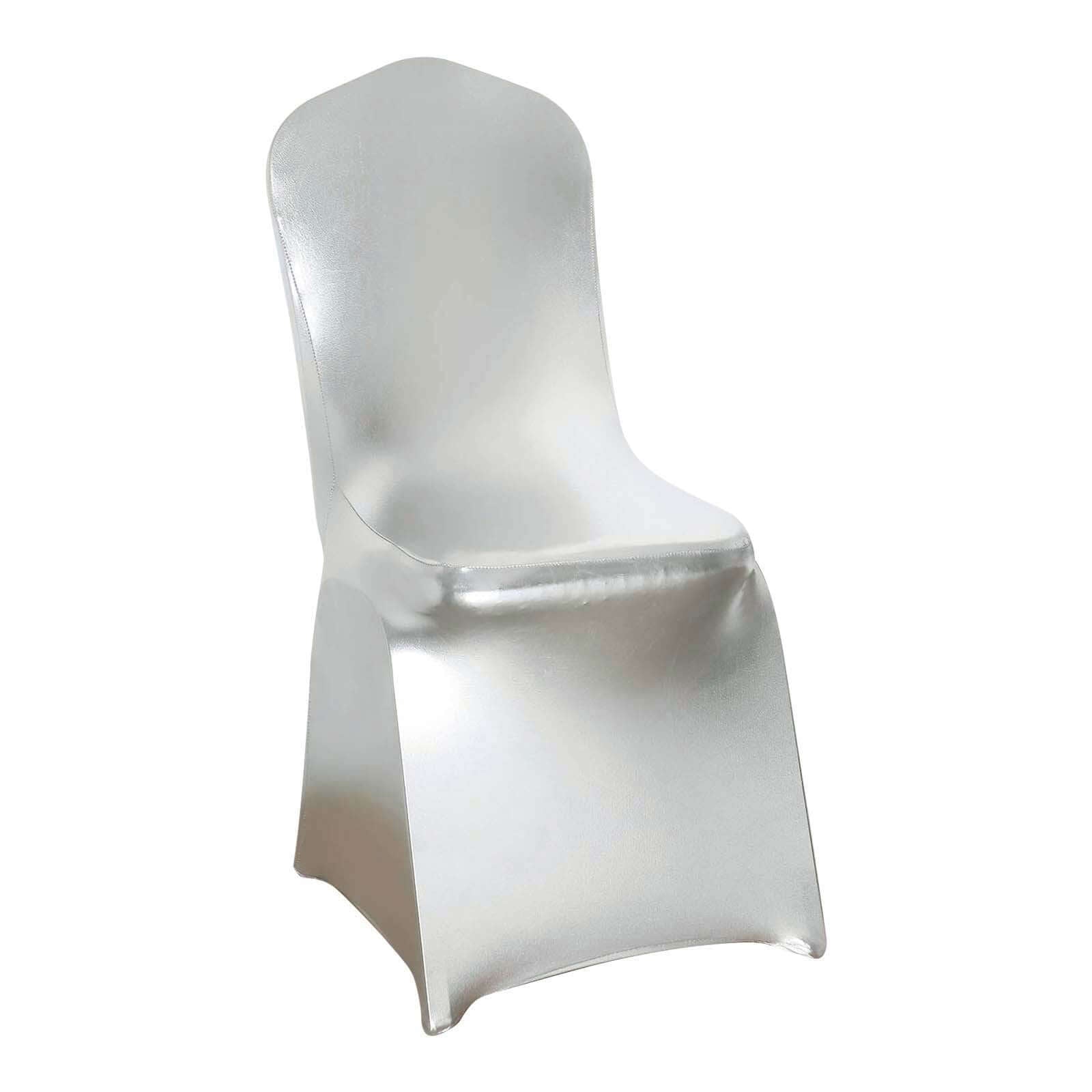 Spandex Banquet Chair Cover Metallic Silver Tinsel with Sash and Rhinestone Buckle - Shimmering Fitted Slipcover