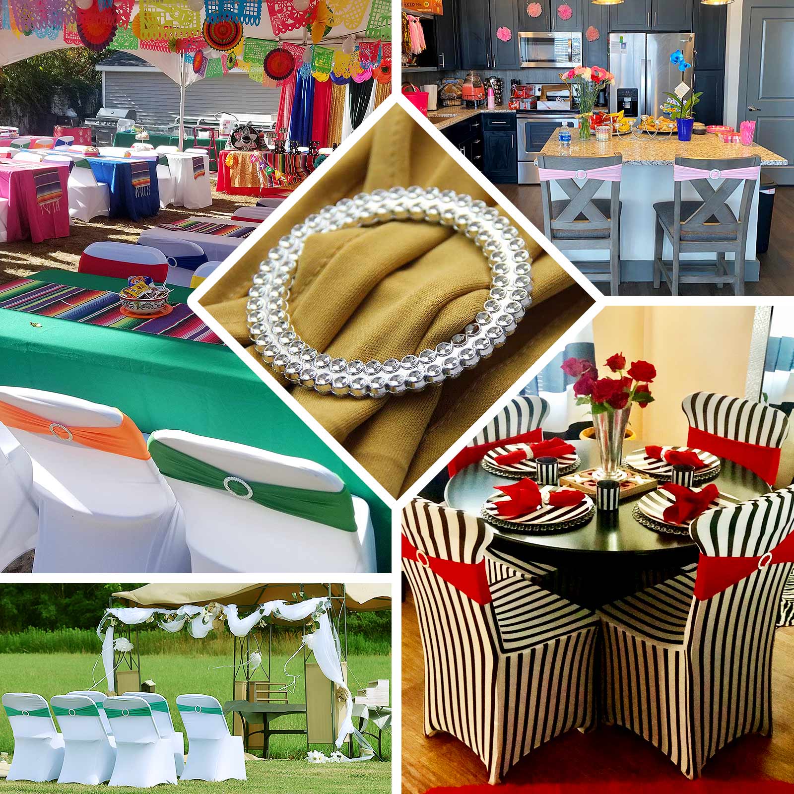 5 Pack Stretch Spandex Chair Sashes Dusty Sage Green - Reusable Chair Bands with Silver Diamond Ring Slide Buckle 5"x14"