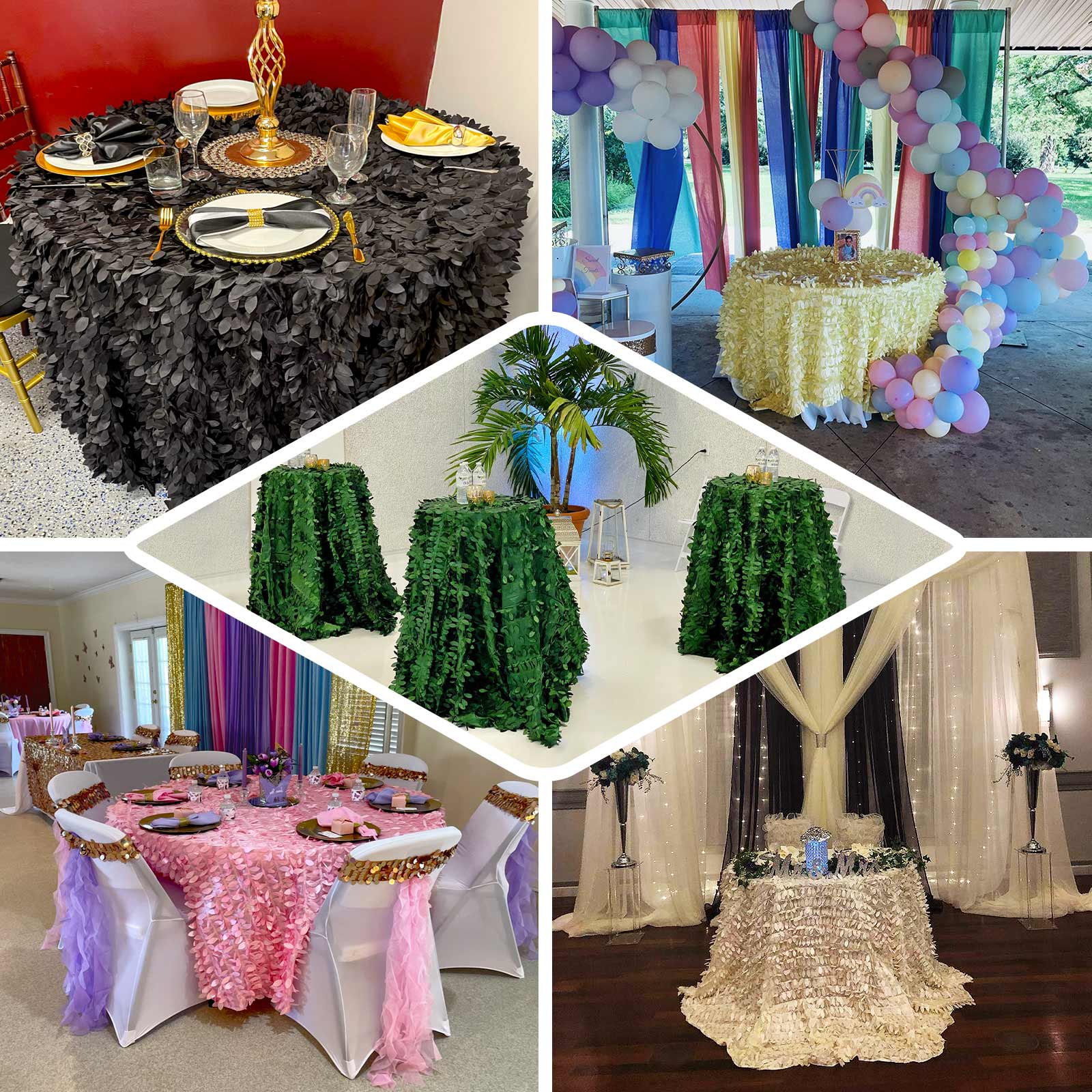 Taffeta 132" Round Tablecloth Champagne | 3D Leaf Petal Design Seamless Table Cover