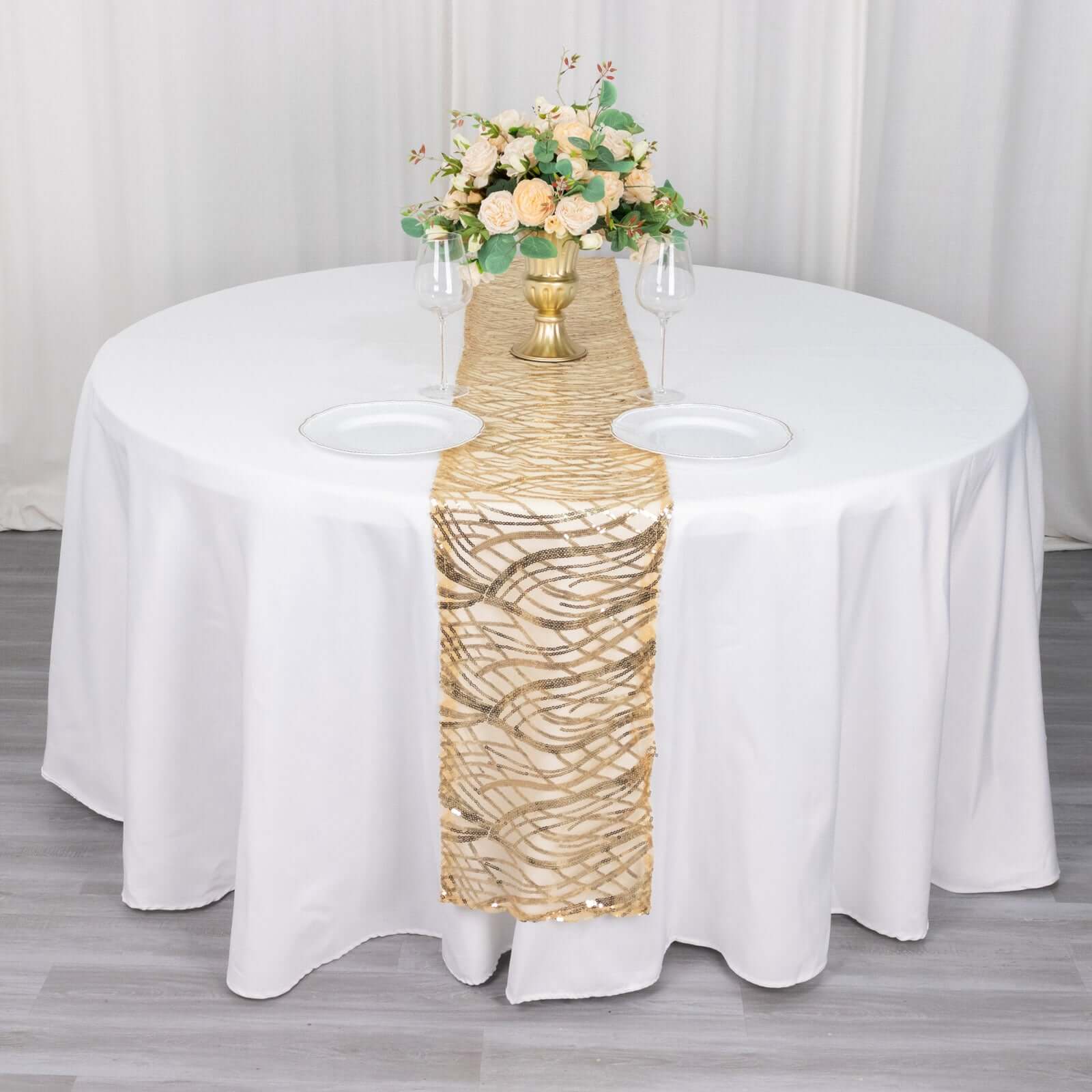 Sequin Mesh 12"x108" Table Runner Champagne Stylish Wave Embroidery