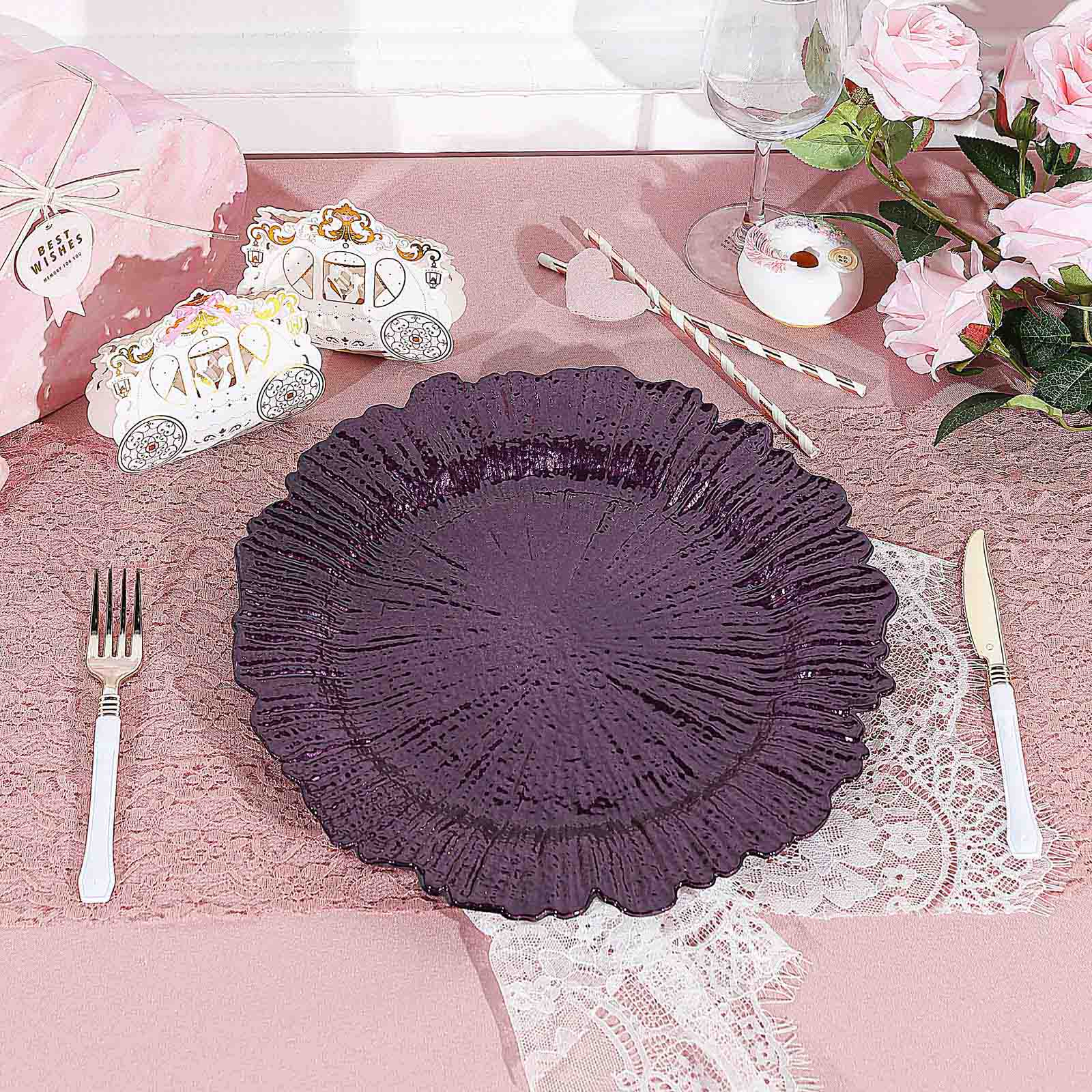 6-Pack Acrylic Plastic Round Charger Plates 13" in Purple with Reef Design, Dinner Charger Tableware