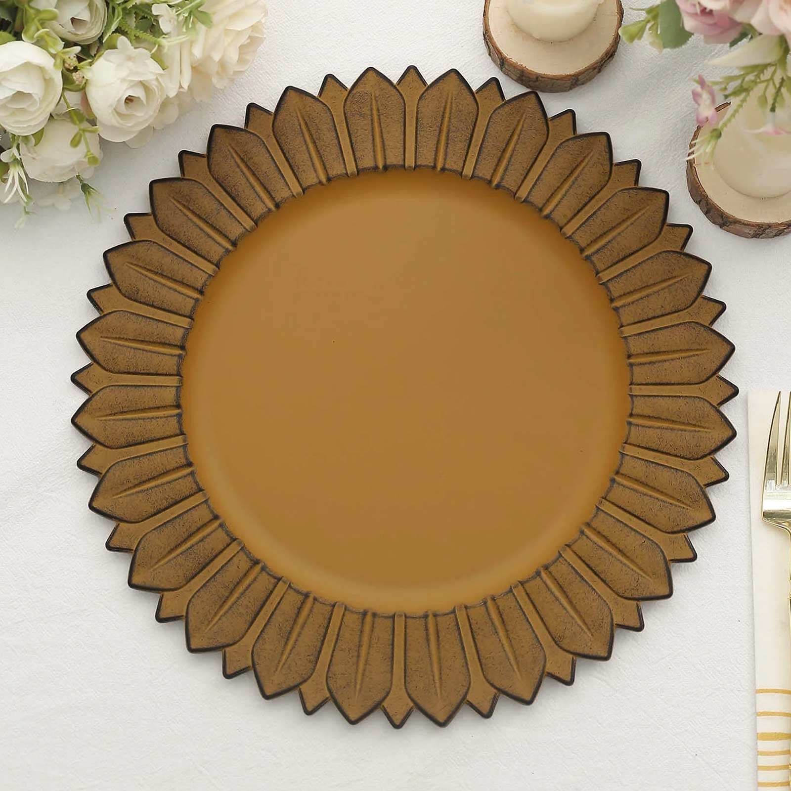 6-Pack Plastic Round Charger Plates 13" in Mustard Yellow with Sunflower Rim, Matte Finish Disposable Dinner Charger Tableware