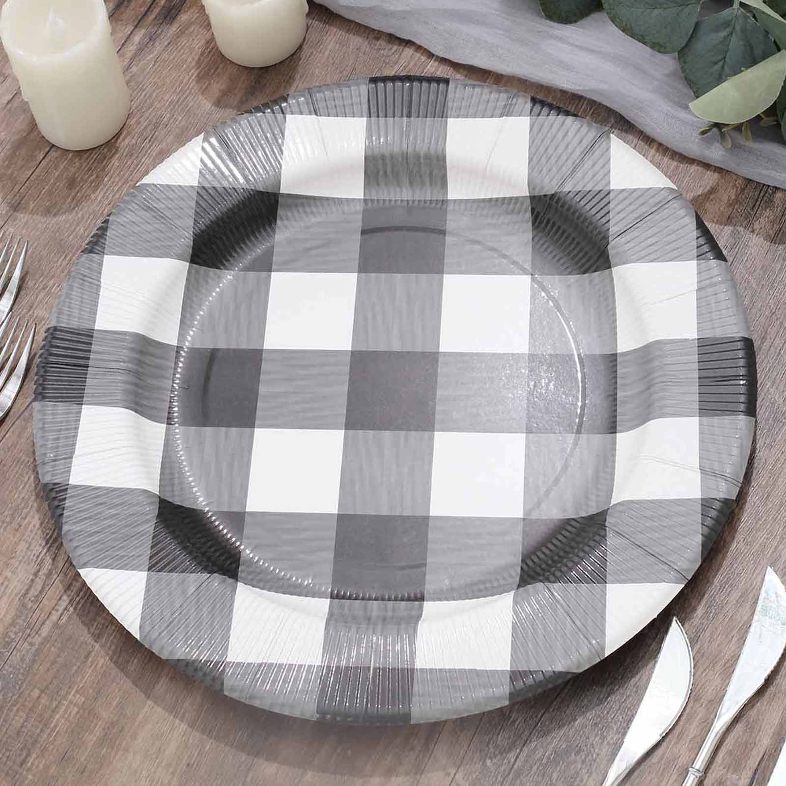 10-Pack Disposable Paper Charger Plates – Black/White Buffalo Plaid 13" Round Table Chargers, 350 GSM Cardstock