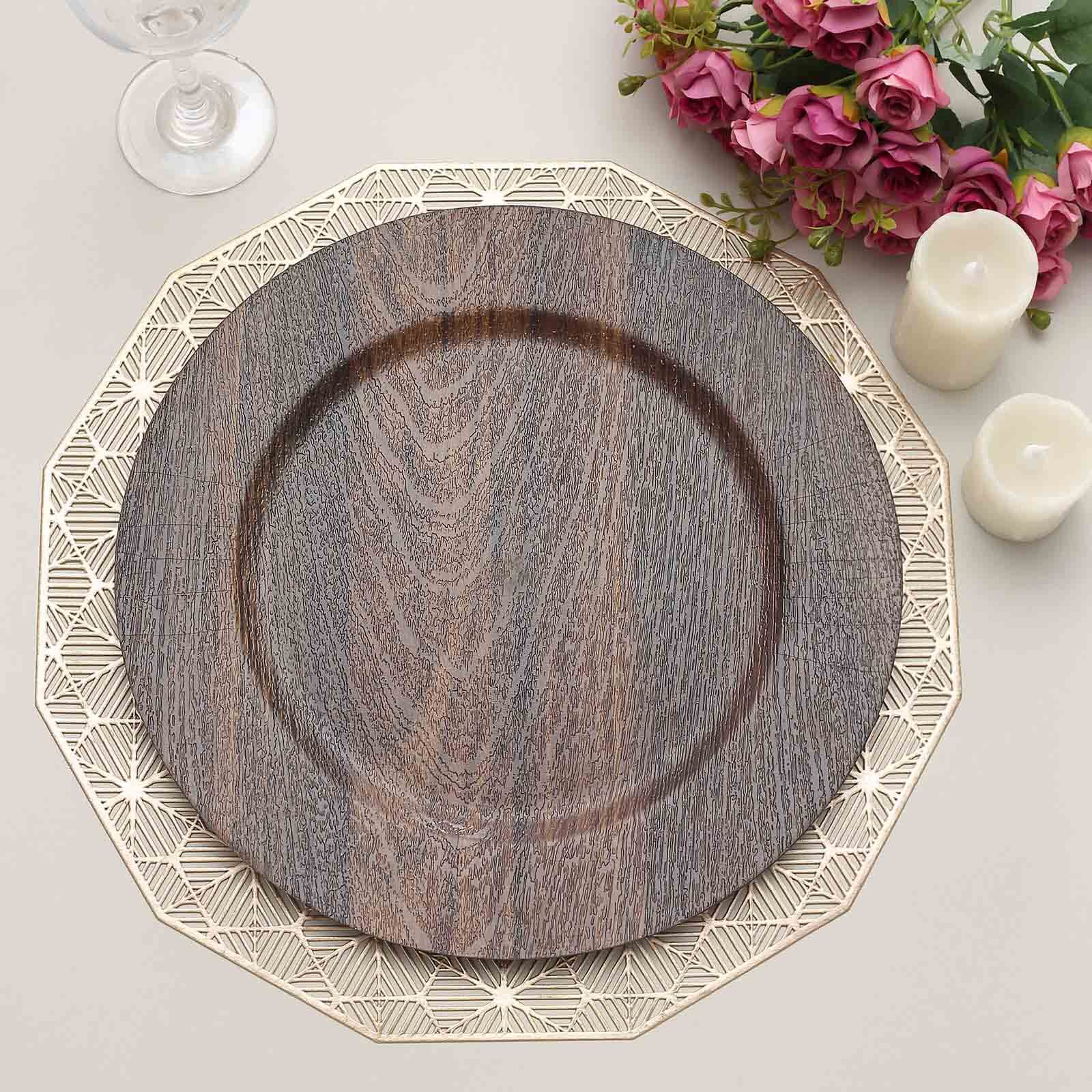 6-Pack Plastic Round Charger Plates 13" in Dark Brown with Faux Wood Finish, Rustic Boho Chic Dinner Party Charger Tableware