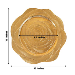 6-Pack Acrylic Round Charger Plates 13" in Metallic Gold with Ribbed Rose Pattern, Event Tabletop Decorative Charger Tableware