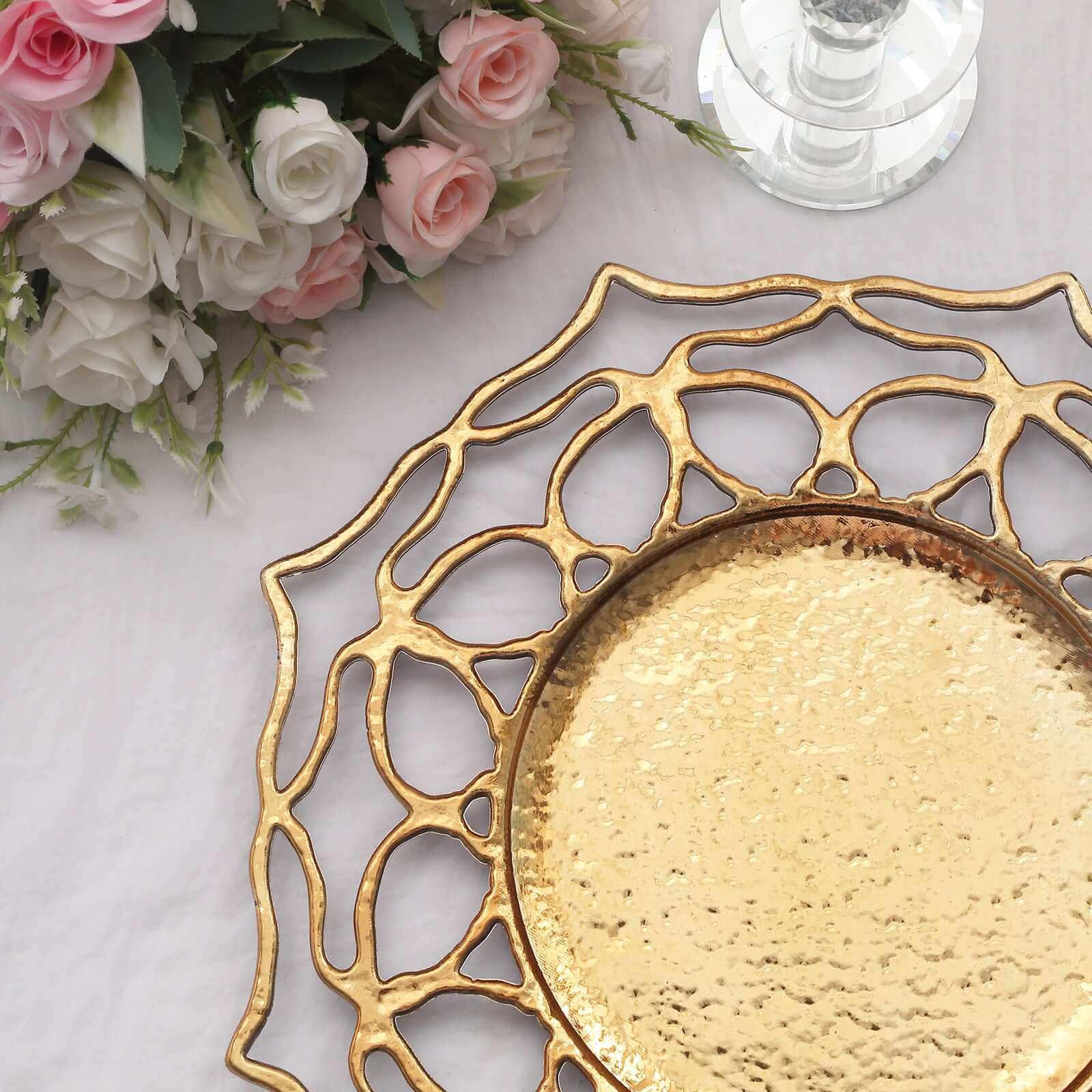 6-Pack Acrylic Round Charger Plates 13" in Gold with Floral Cutout Design, Hollow Flower Plastic Decorative Dinner Party Charger Tableware