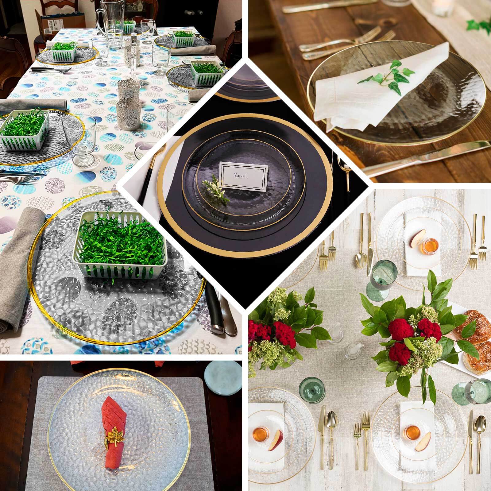 6-Pack Economy Plastic Round Charger Plates 13" in Clear Hammered Design with Gold Rim, Decorative Dinner Party Serving Plates