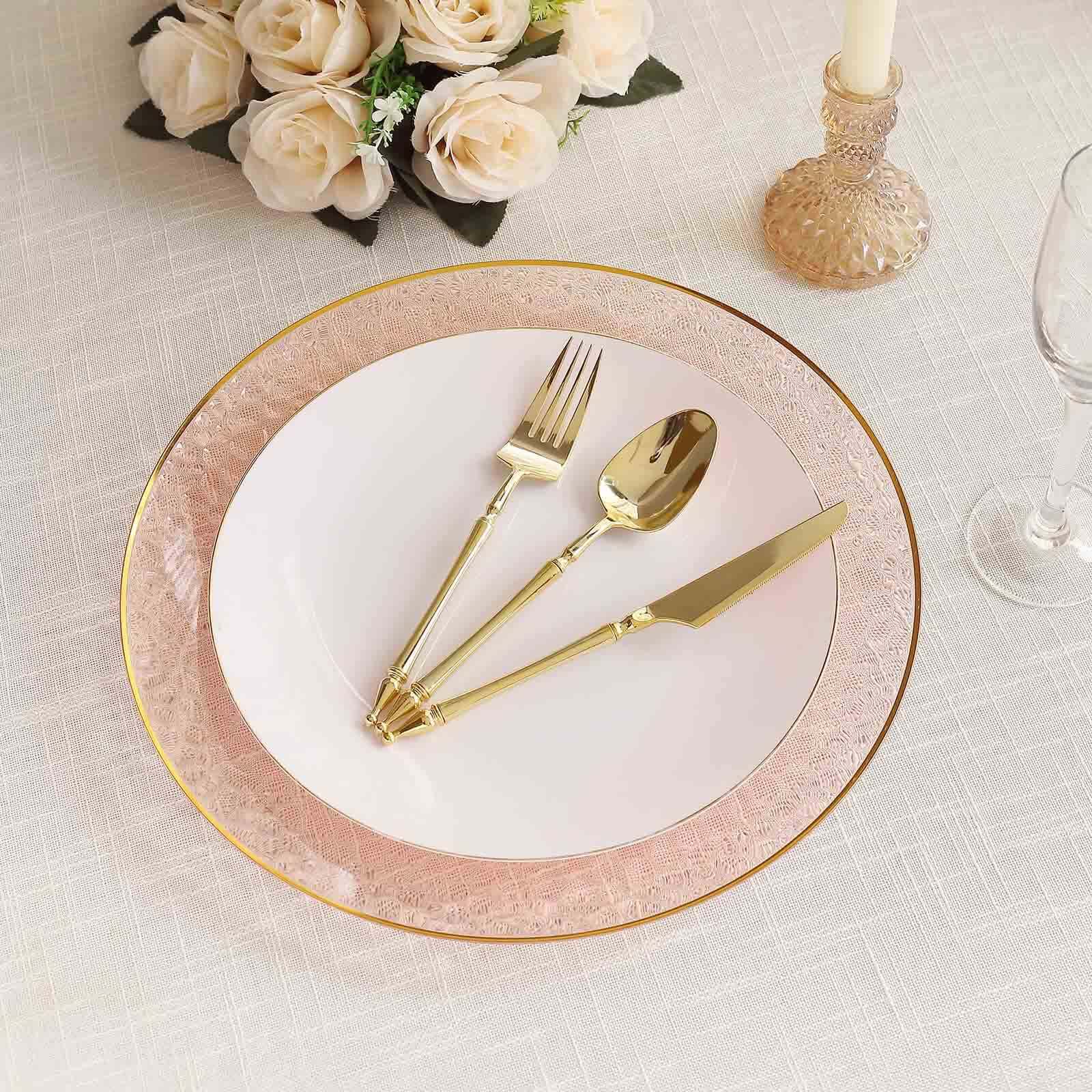 10 Pack Economy Plastic Round Charger Plates 13" in Transparent Blush Hammered Design with Gold Rim, Decorative Dinner Party Serving Plates