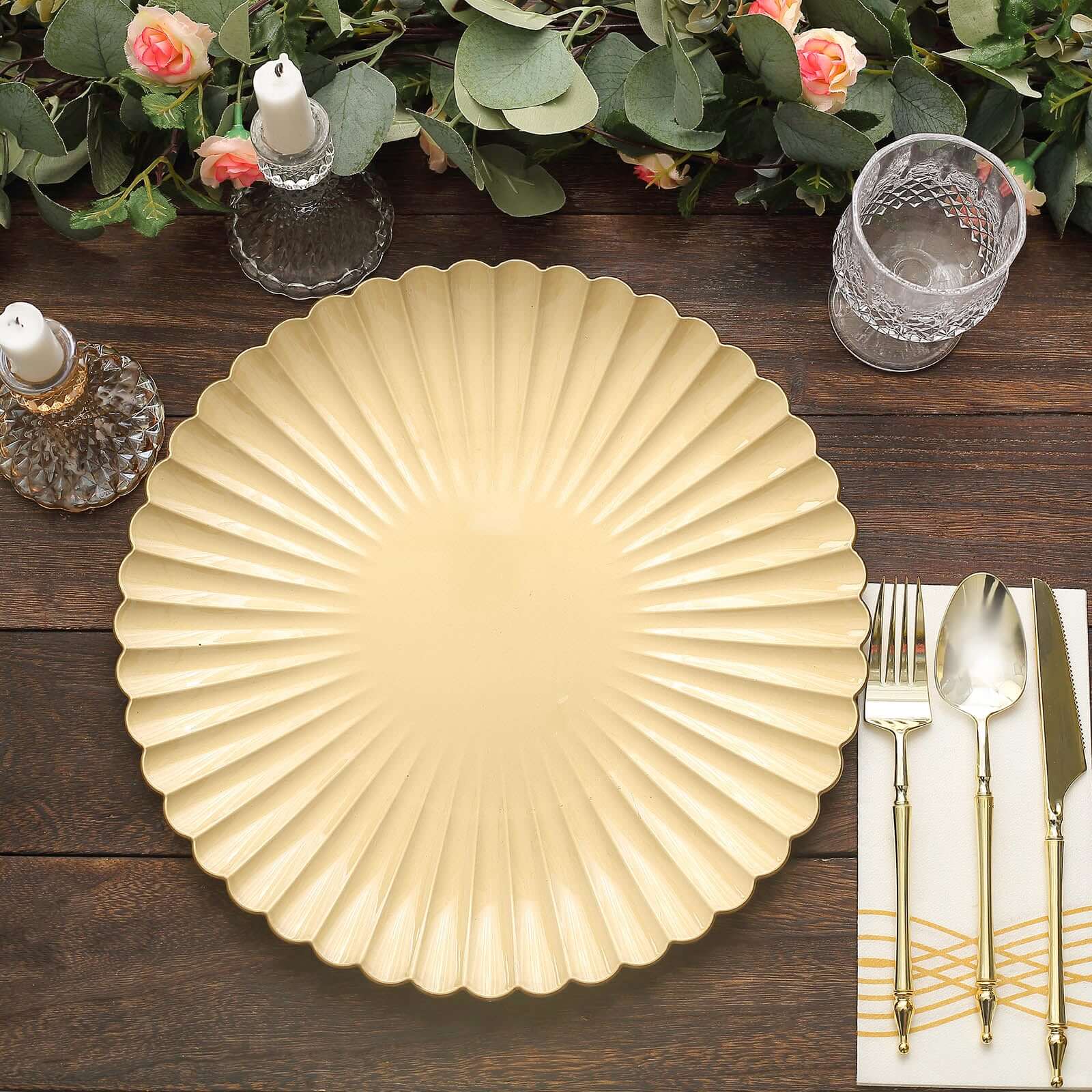 6-Pack Plastic Round Charger Plates 13" in Gold with Scalloped Shell Pattern, Coastal Inspired Disposable Charger Tableware