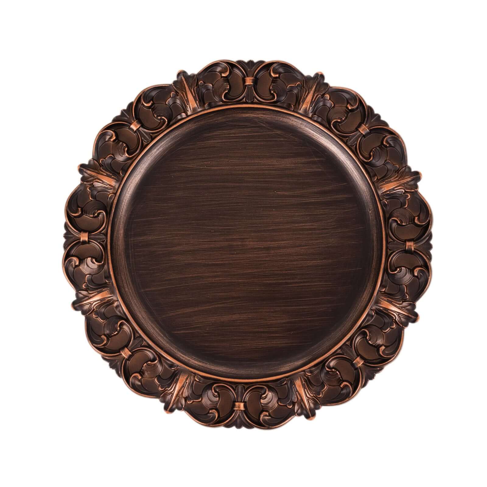 6-Pack Acrylic Round Charger Plates 13" in Dark Brown with Aristocrat Retro Baroque Rim, Ornate Plastic Decorative Chargers