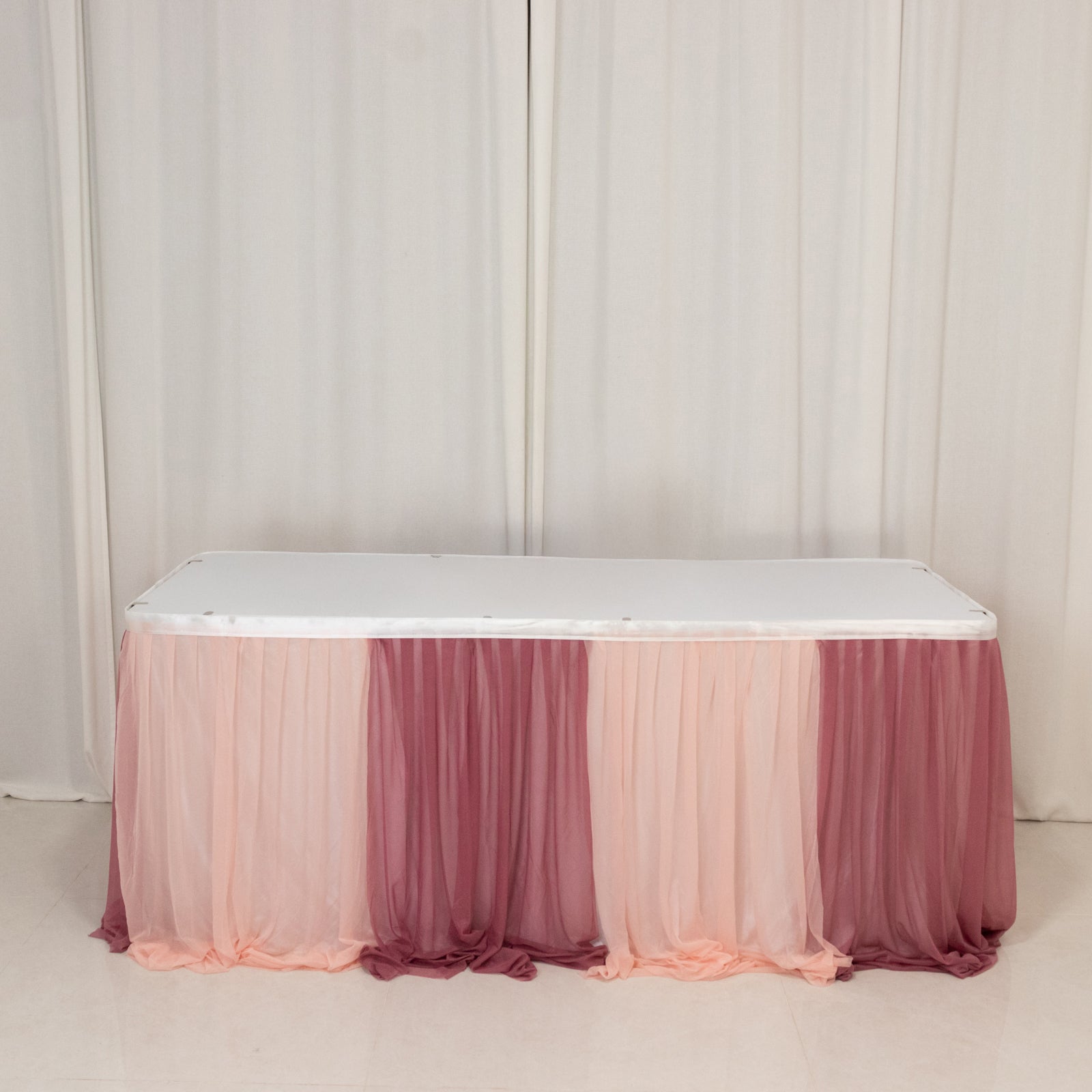 14ft Sheer Pleated Ruffle Skirting Chiffon Table Skirt - Mauve and Blush, Shimmer Sheer, Wrinkle-Free Fabric