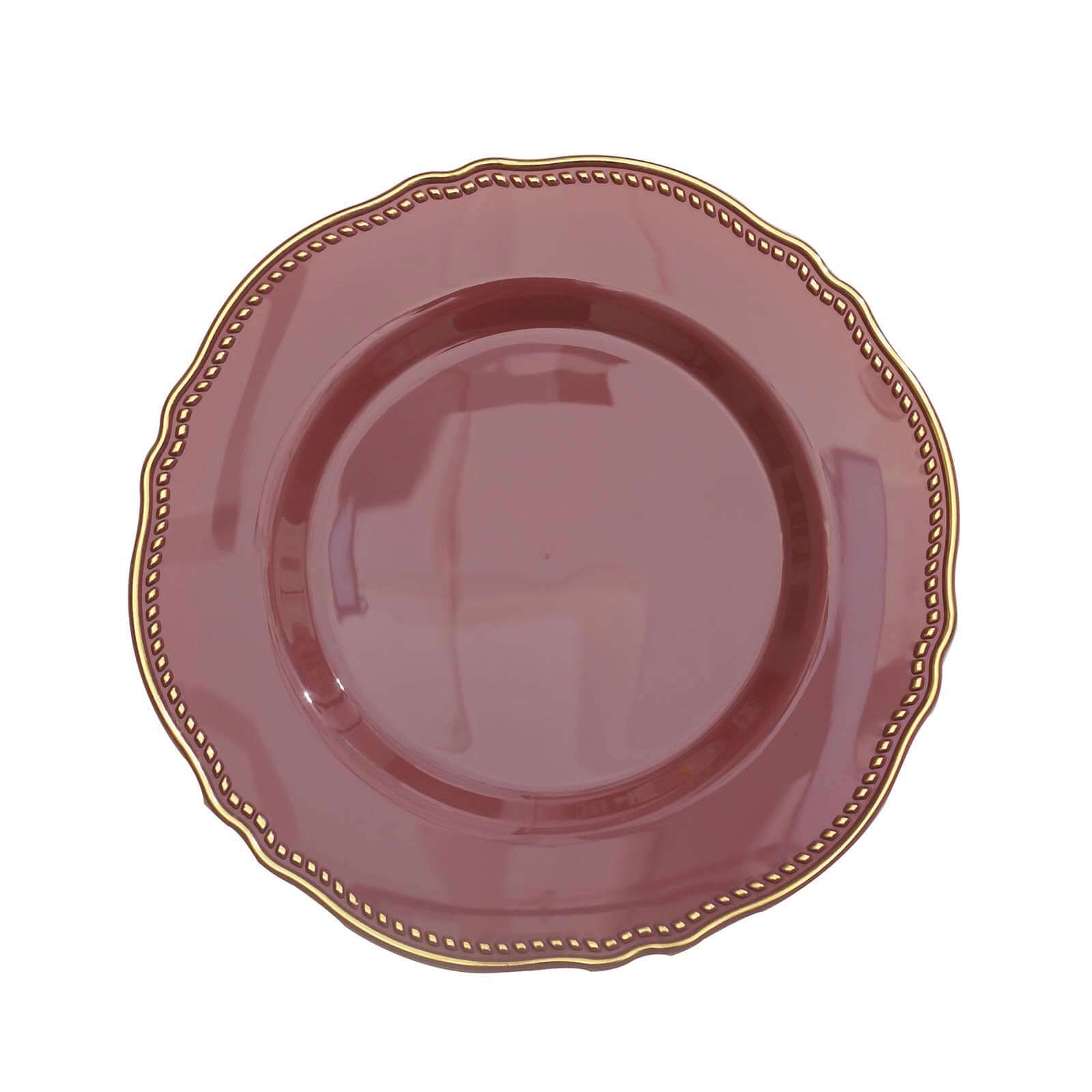 10-Pack Plastic Dinner Plates in Cinnamon Rose with Gold Scalloped Rim - Disposable Party Plates 9"