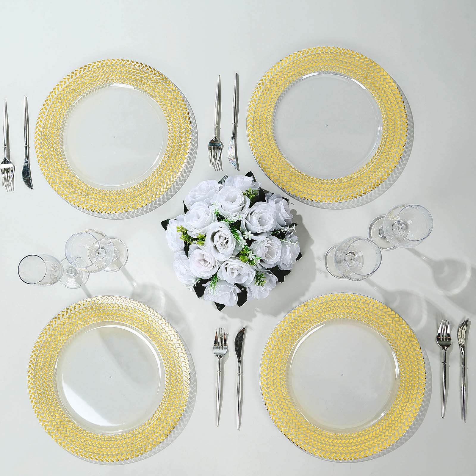 6-Pack Acrylic Round Charger Plates 13" in Clear with Gold Wheat Pattern Rim, Stylish Dinner Party Charger Tableware