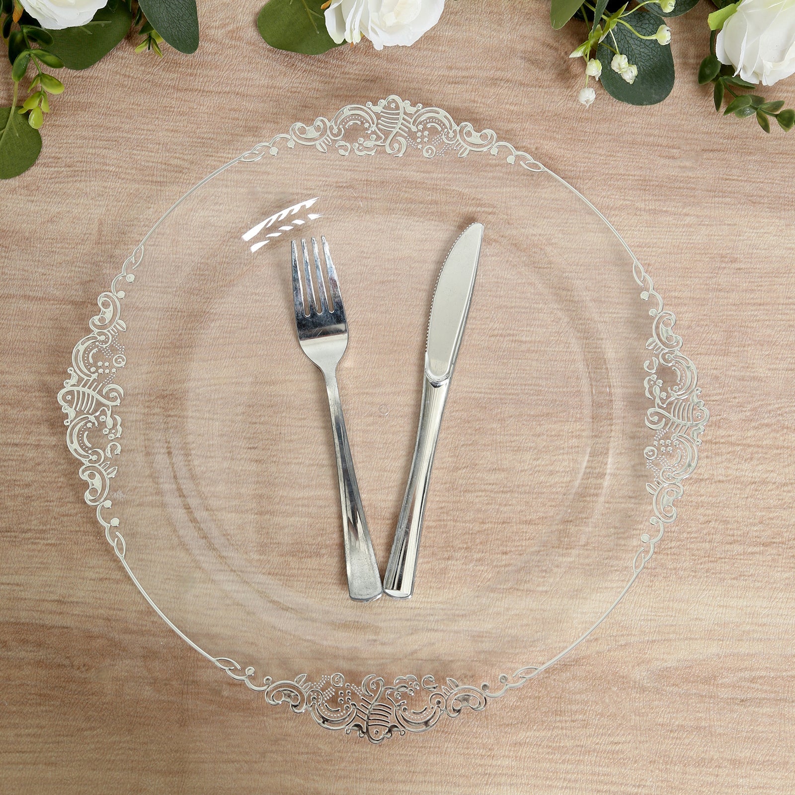 20-Pack Economy Plastic Round Charger Plates 13" in Clear with Silver Embossed Baroque Rim, Stylish Dinner Party Serving Plates