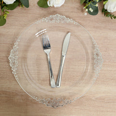 20-Pack Economy Plastic Round Charger Plates 13" in Clear with Silver Embossed Baroque Rim, Stylish Dinner Party Serving Plates