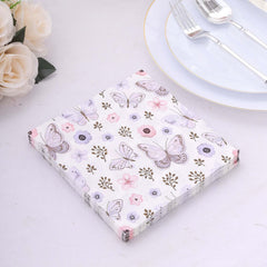 20-Pack Paper Beverage Napkins with Lavender Butterfly Floral Design Ivory - 2 Ply Soft 18GSM Garden Wedding Napkins 6.5"x6.5"