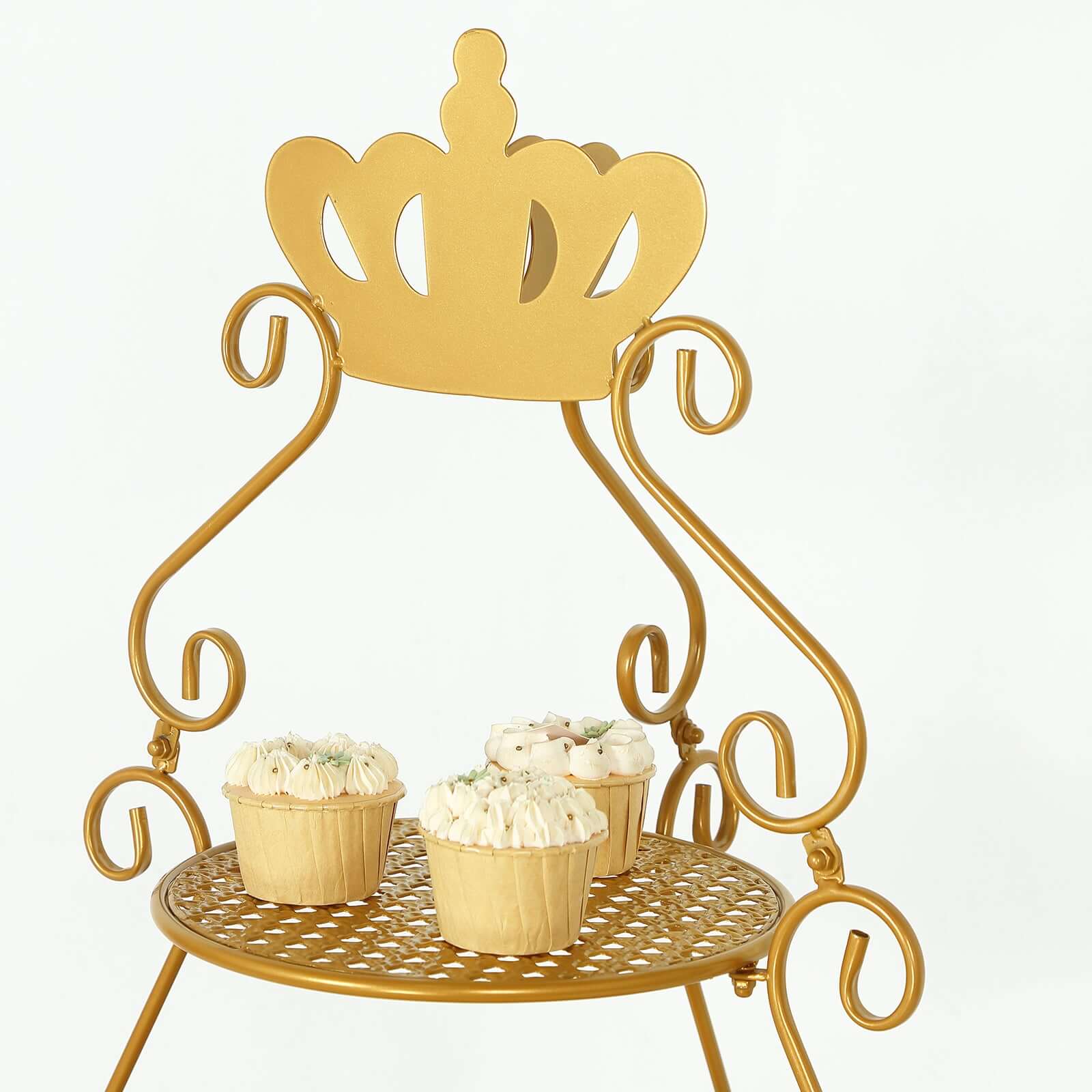 3 Tier Metal Round Cake Stand 32" Gold with Crown Top - Easy To Assemble Cupcake Holder Dessert Display Stand for Sophisticated Tea Parties Buffet Tables & Special Occasions