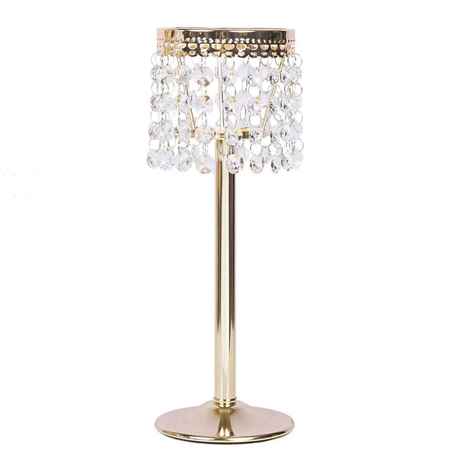 Crystal Beaded Chandelier Metal Candle Holder Gold - Sophisticated Pillar Tealight Stand 12"