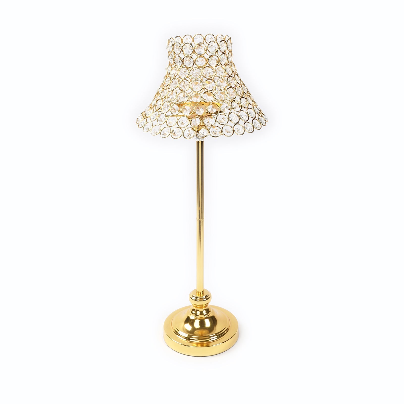 24" Tall Crystal Beaded Candle Stand – Gold Metal Centerpiece with Lamp-Inspired Shade for Tables & Events