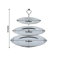 3-Tier Plastic Round Cupcake Stand Metallic Silver with Baroque Rim & Top Handle 13"