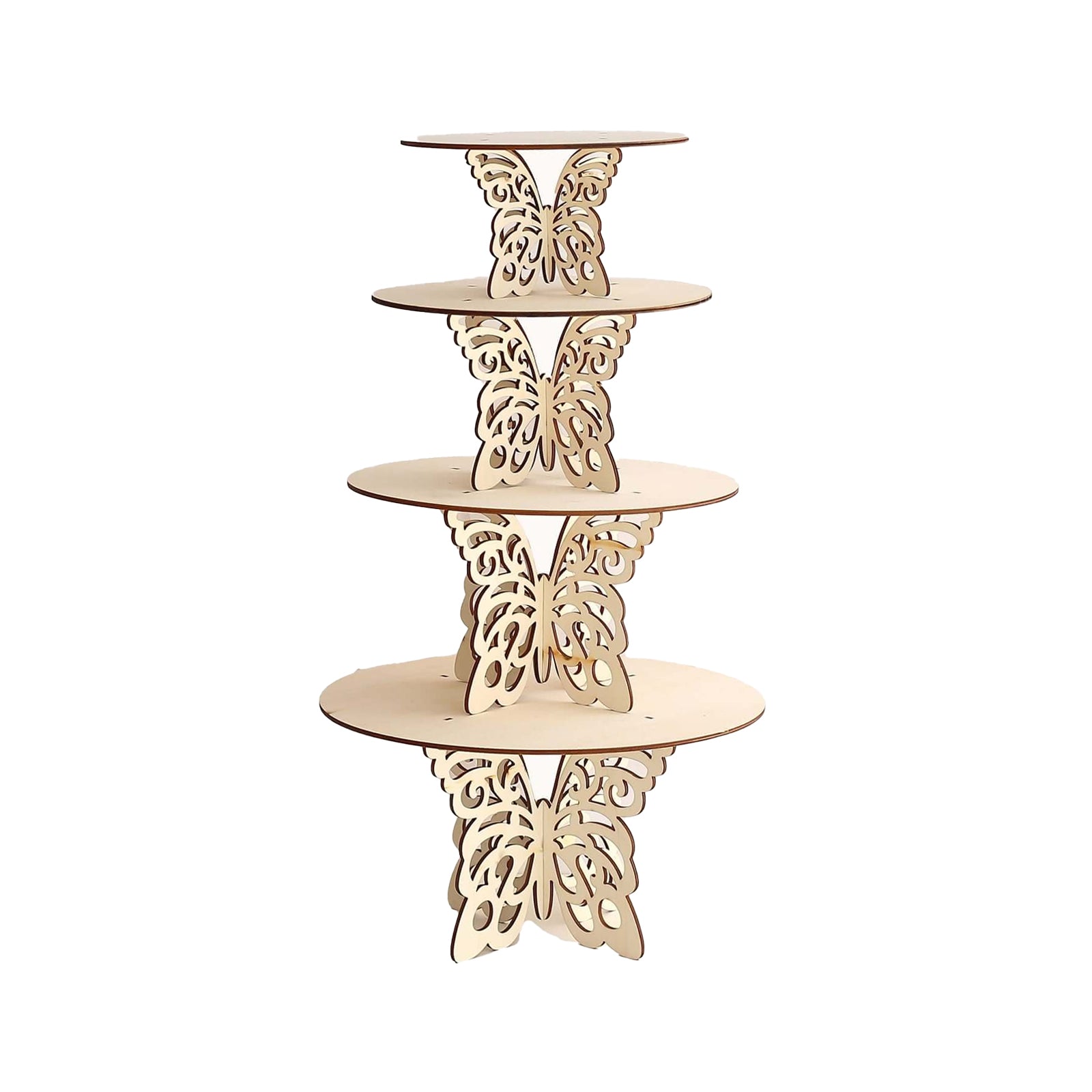 Set of 4 Wooden Cake Stands Butterfly Round Design Natural - Stackable Rustic Cupcake Holder Centerpiece 10", 12", 14", 16"