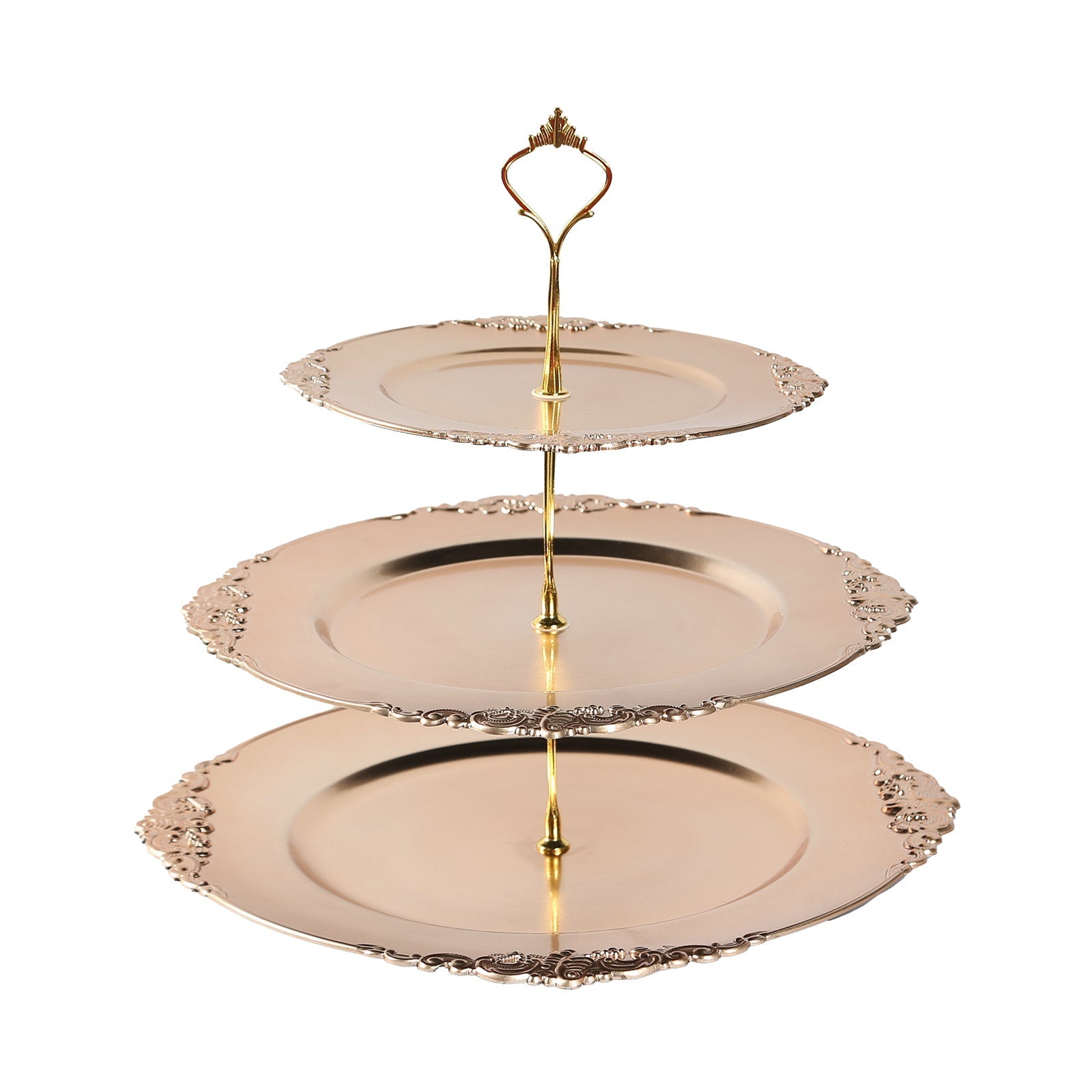 3-Tier Plastic Round Cupcake Stand Metallic Gold - Vintage-Inspired Reusable Dessert Display Holder Tea Party Serving Tray Platter with Baroque Rim & Top Handle 13"