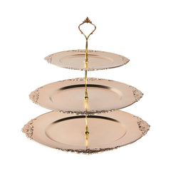 3-Tier Plastic Round Cupcake Stand Metallic Gold - Vintage-Inspired Reusable Dessert Display Holder Tea Party Serving Tray Platter with Baroque Rim & Top Handle 13"