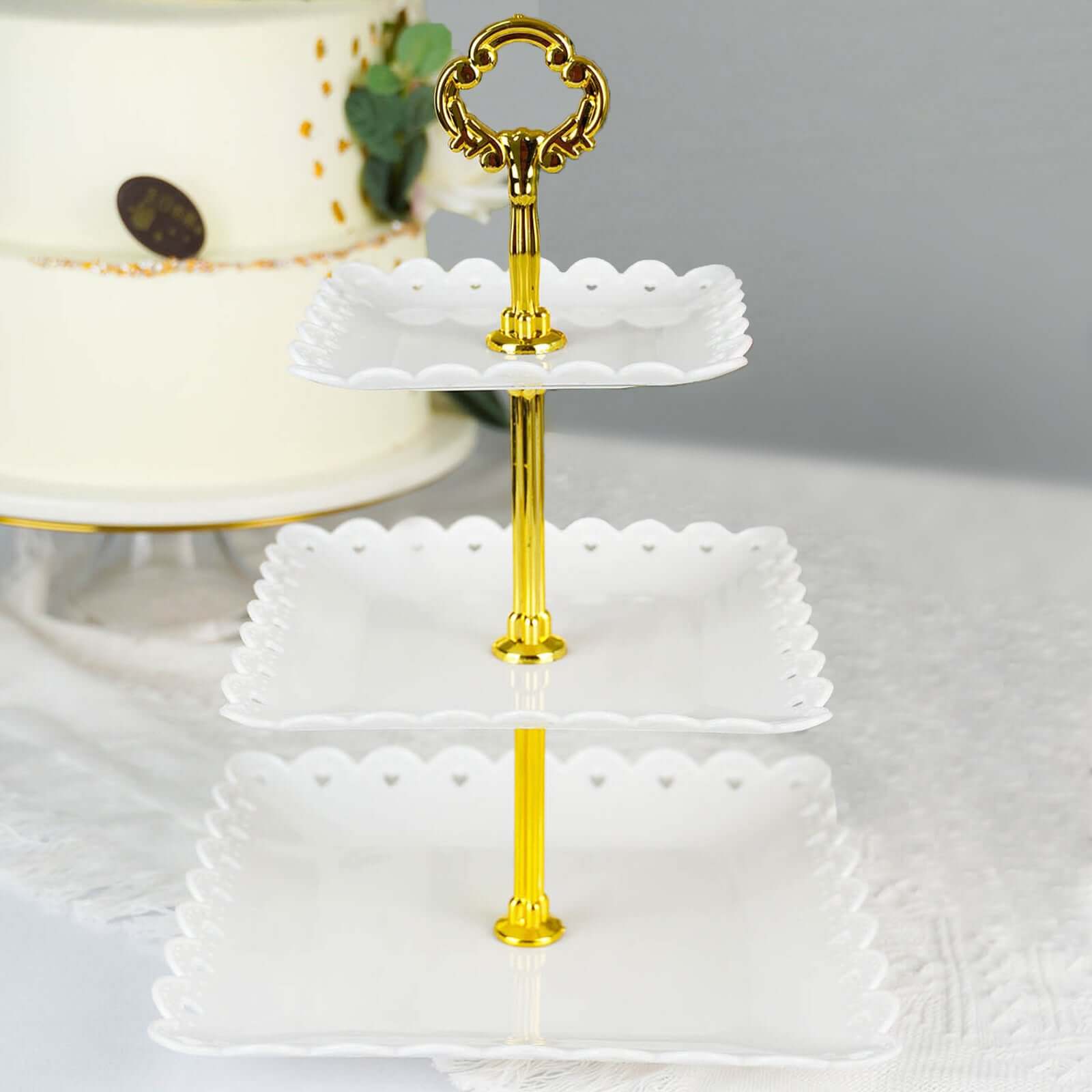 3-Tier Plastic Square Cupcake Stand Tower White - Charming Disposable Dessert Display Serving Tray Platter with Heart Wavy Edge & Gold Top Handle for Tea Parties Weddings & Special Occasions 13"