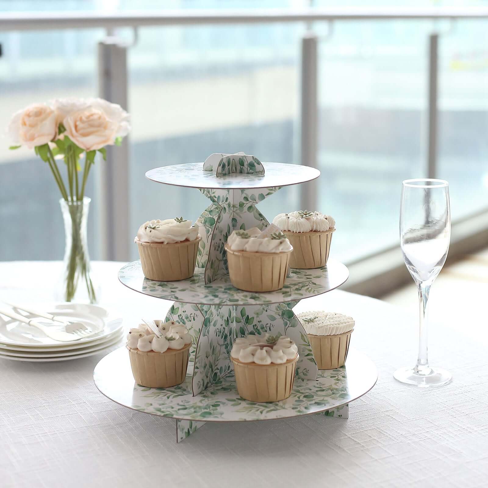 3-Tier Cardboard Cupcake Stand White with Green Eucalyptus Leaves Pattern - Reusable Dessert Display Stand Round Serving Platter for High-Tea Gatherings Weddings & Spring Celebrations 11"