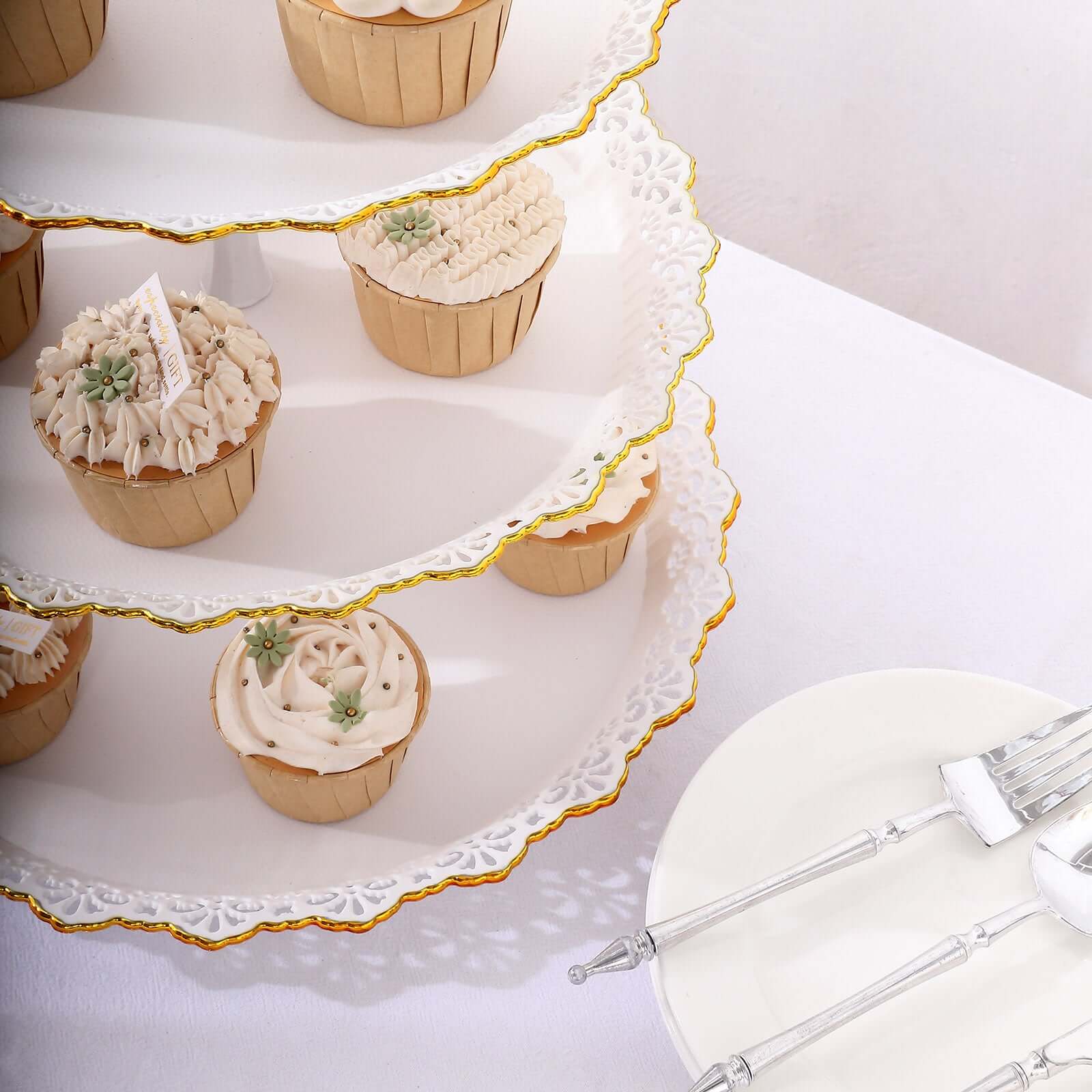 3-Tier Plastic Round Cupcake Stand 15" White with Lace Gold Rim Scalloped Edges
