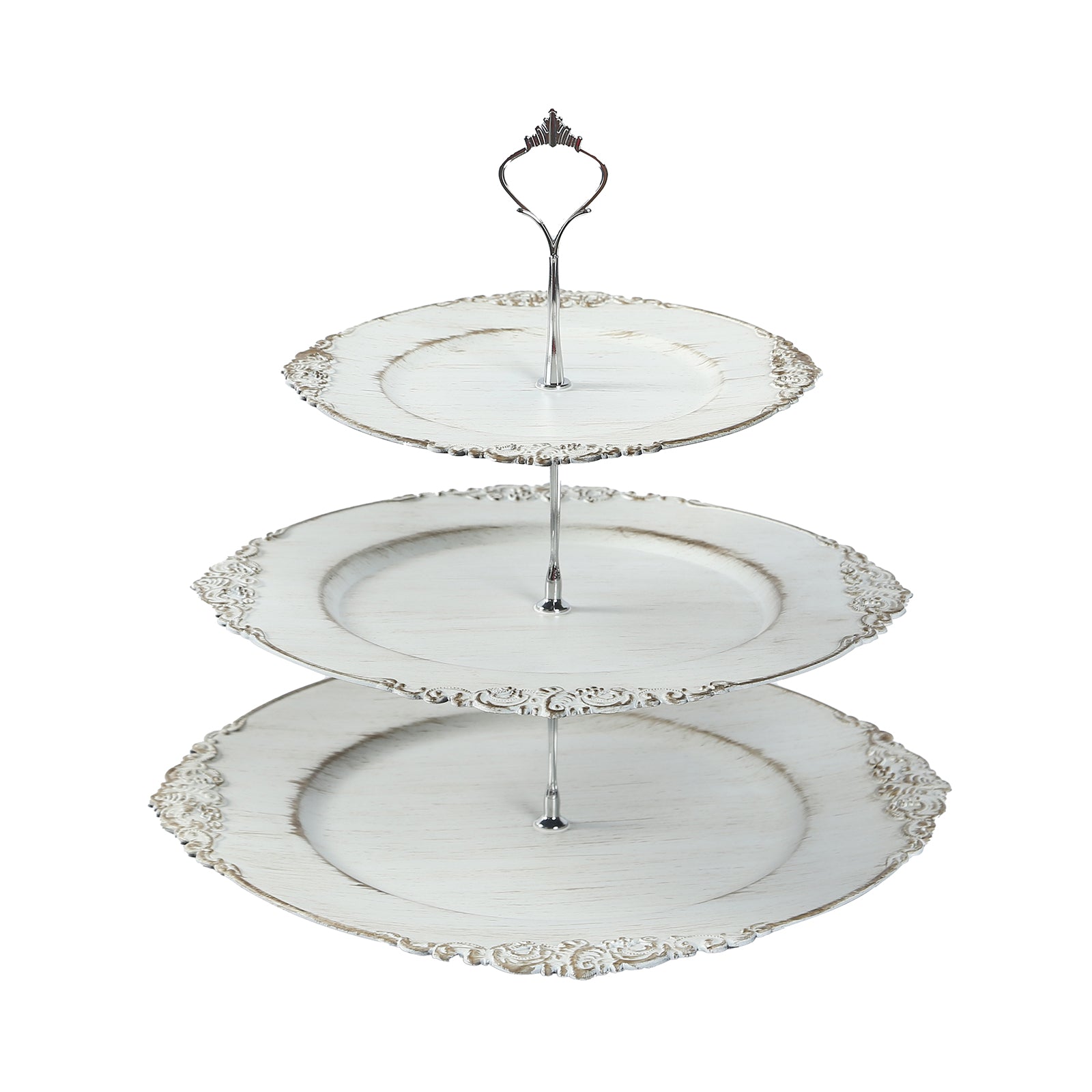 3-Tier Plastic Round Cupcake Stand Whitewashed with Antique Gold Baroque Rim & Top Handle 13"