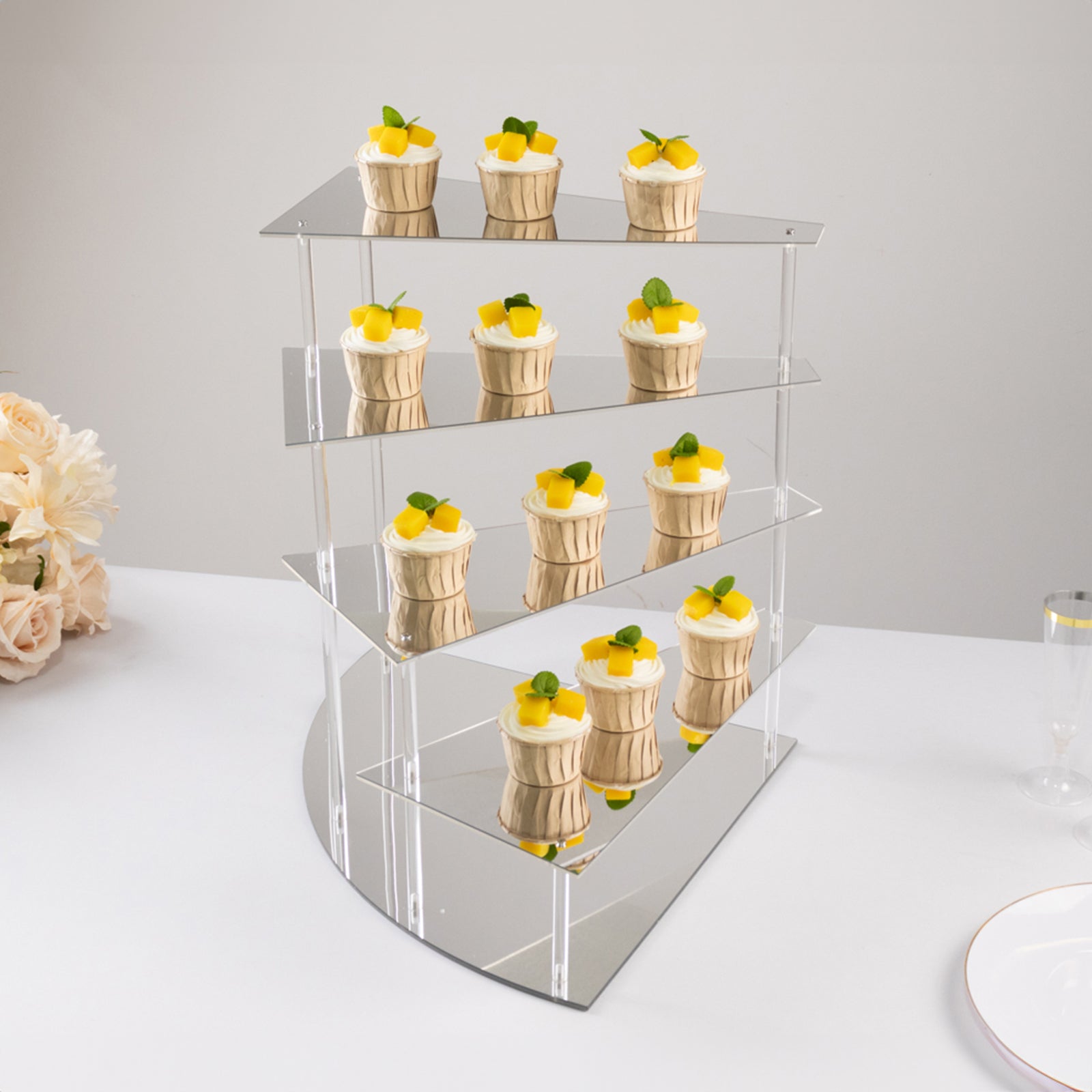 4-Tier Acrylic Cupcake Display Stand Silver Spiral Stairway Design - Stylish Reusable Multi Level Serving Tray Organizer Shelf Riser for Dessert Perfume Retail Jewelry & Collectibles 17"