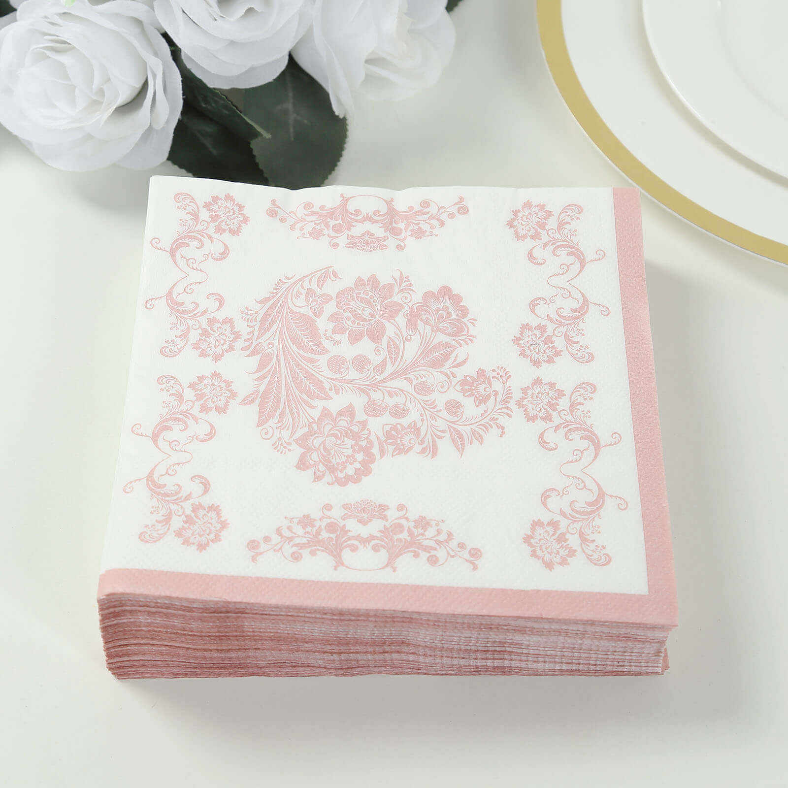 50 Pack 2-Ply Paper Beverage Napkins in White Matte Pink Damask Floral Pattern, Disposable Cocktail Napkins - Highly Absorbent & Soft