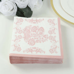 50 Pack 2-Ply Paper Beverage Napkins in White Matte Pink Damask Floral Pattern, Disposable Cocktail Napkins - Highly Absorbent & Soft