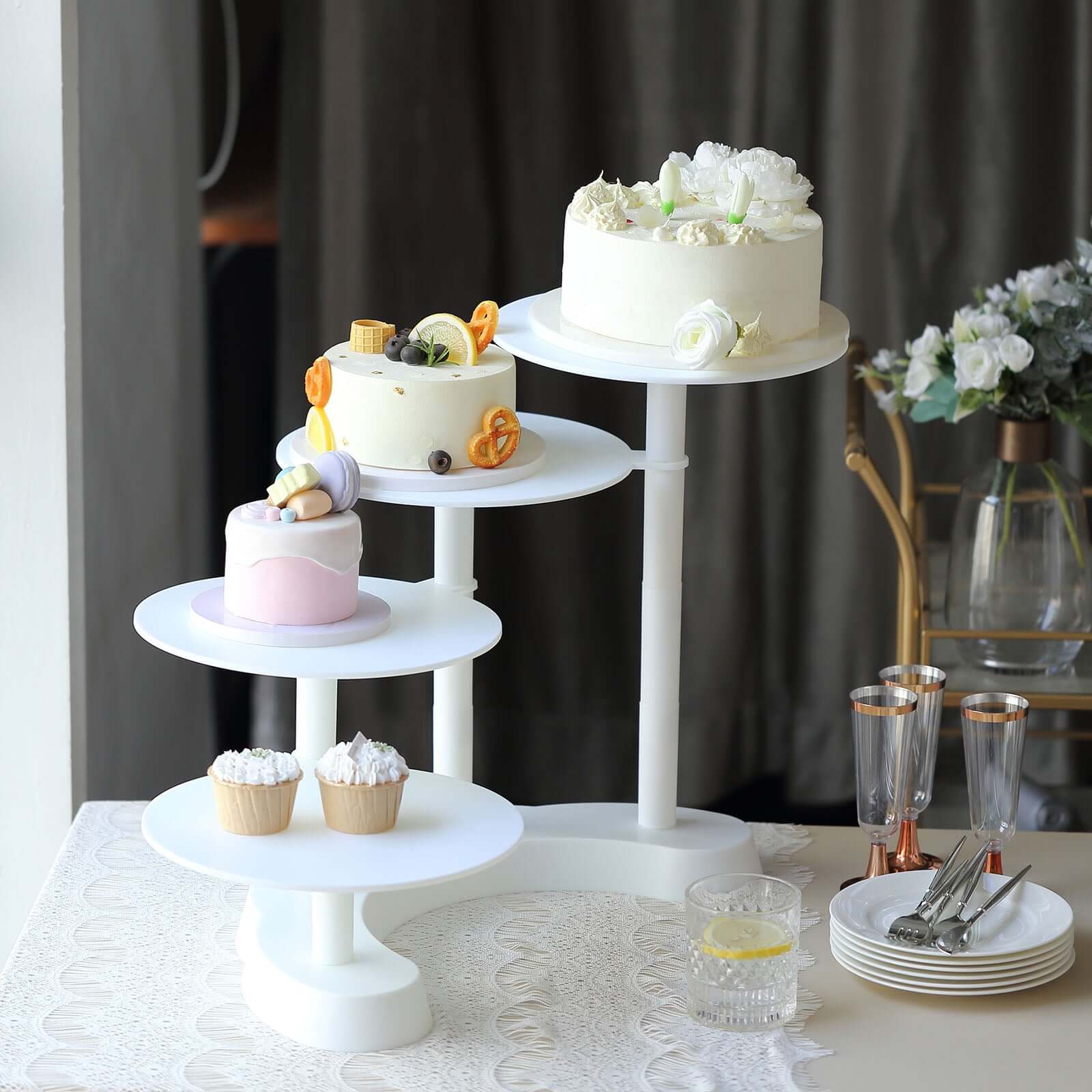 4-Tier Plastic Cake Stand with Half Moon Base White for Weddings Tea Parties & Home Gatherings 17"