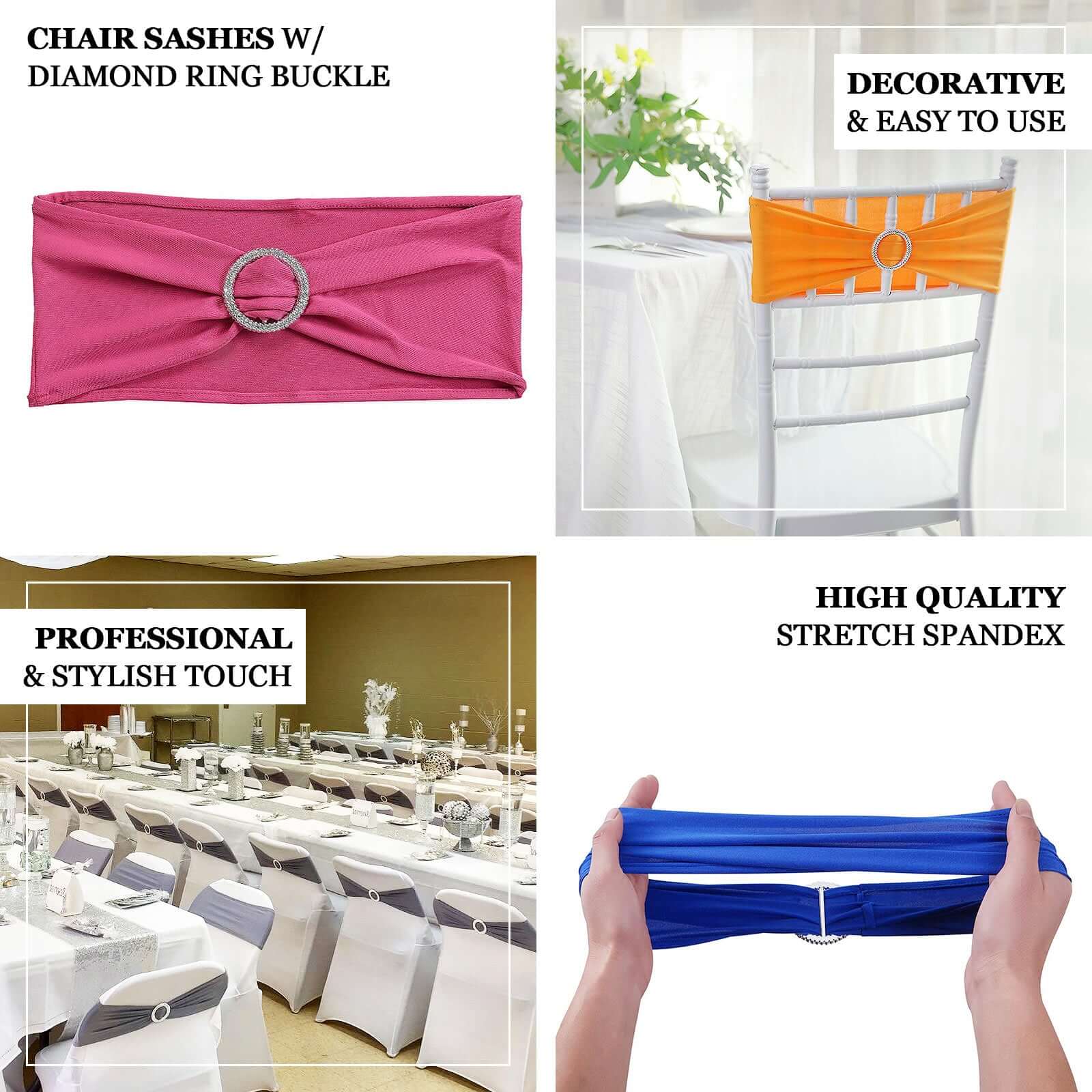 5 Pack Stretch Spandex Chair Sashes Silver - Reusable Chair Bands with Silver Diamond Ring Slide Buckle 5"x14"