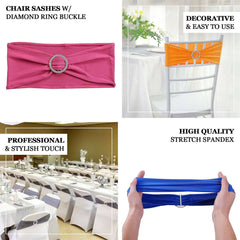 5 Pack Stretch Spandex Chair Sashes Silver - Reusable Chair Bands with Silver Diamond Ring Slide Buckle 5"x14"