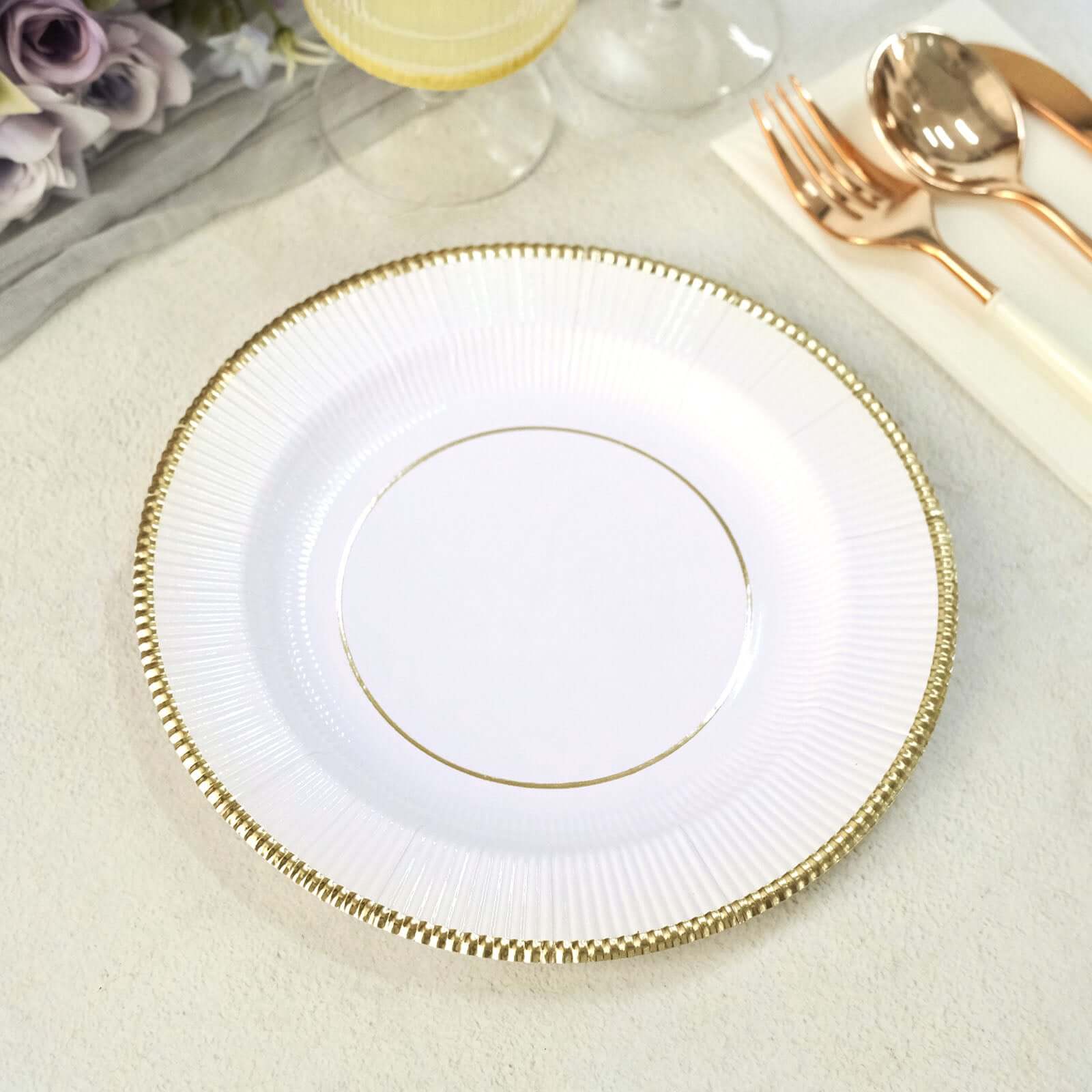 25-Pack Paper 8" Round Dessert Plates in White Sunray Design with Gold Rim - Disposable Heavy Duty 350GSM Appetizer Salad Plates for Banquets & Celebrations
