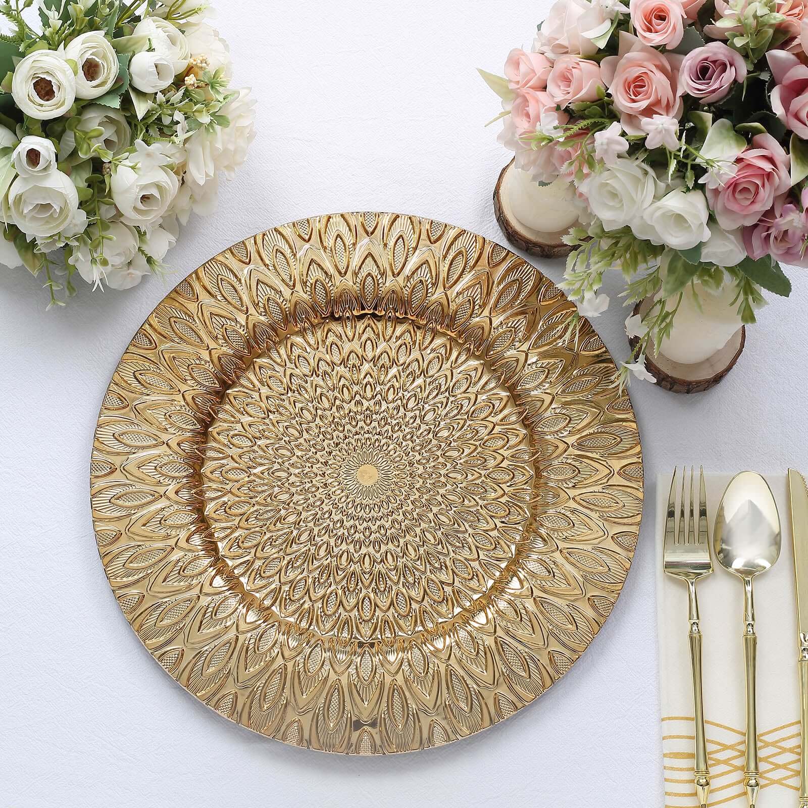 6-Pack Plastic Round Charger Plates 13" in Gold with Embossed Peacock Pattern, Stylish Disposable Charger Tableware