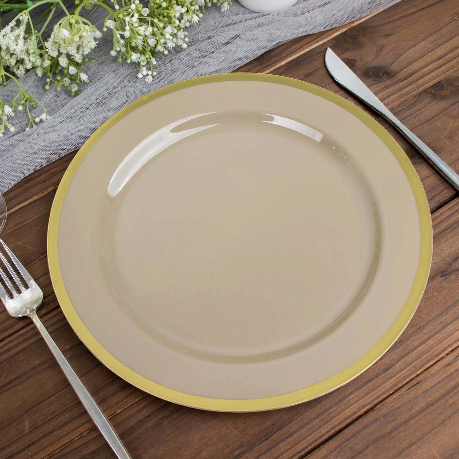 10-Pack Plastic 10" Round Dinner Plates in Taupe with Gold Rim - Disposable Party Plates for Classy Banquets & Special Occasions