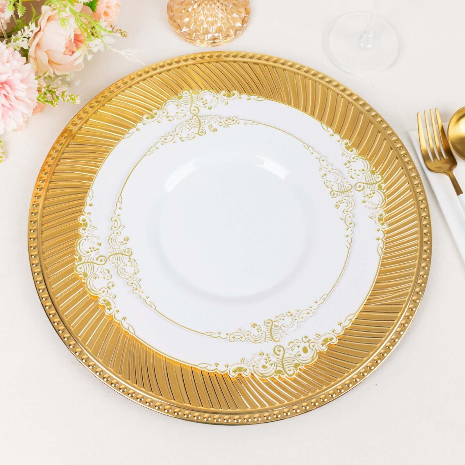 6-Pack Acrylic Round Charger Plates 13" in Metallic Gold Swirl Pattern with Beaded Rim, Plastic Decorative Dinner Party Charger Tableware