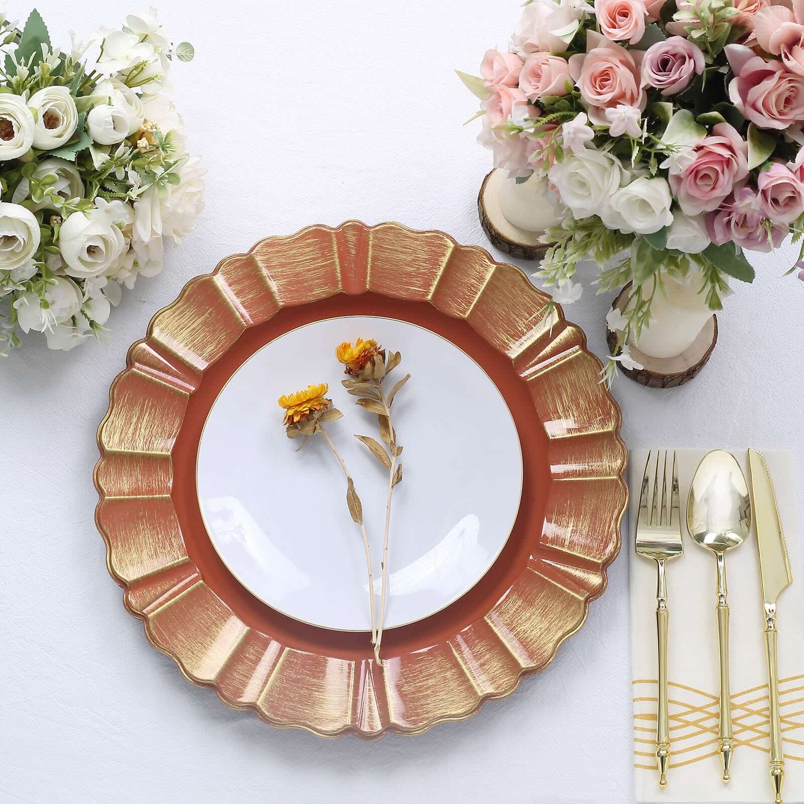 6-Pack Acrylic Plastic Round Charger Plates 13" in Terracotta (Rust) with Gold Brushed Wavy Scalloped Rim, Decorative Dinner Party Charger Tableware