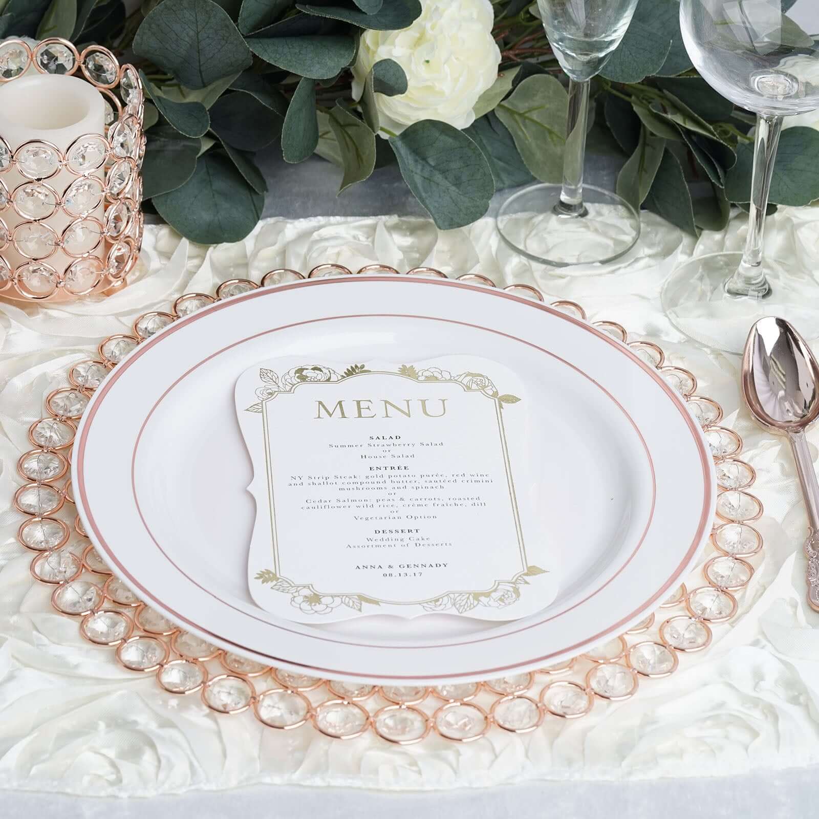 Wired Metal Round Charger Plate 14" in Rose Gold with Acrylic Crystal Beads, Glamorous Decorative Dinner Charger Tableware