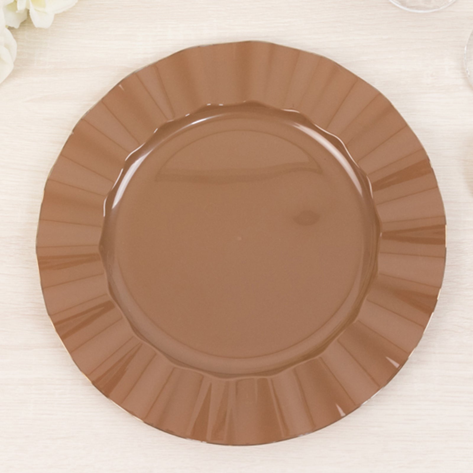 10-Pack Plastic 11" Round Dinner Plates in Coffee Brown Ruffled Rim with Gold Edging - Sturdy Disposable Dinnerware